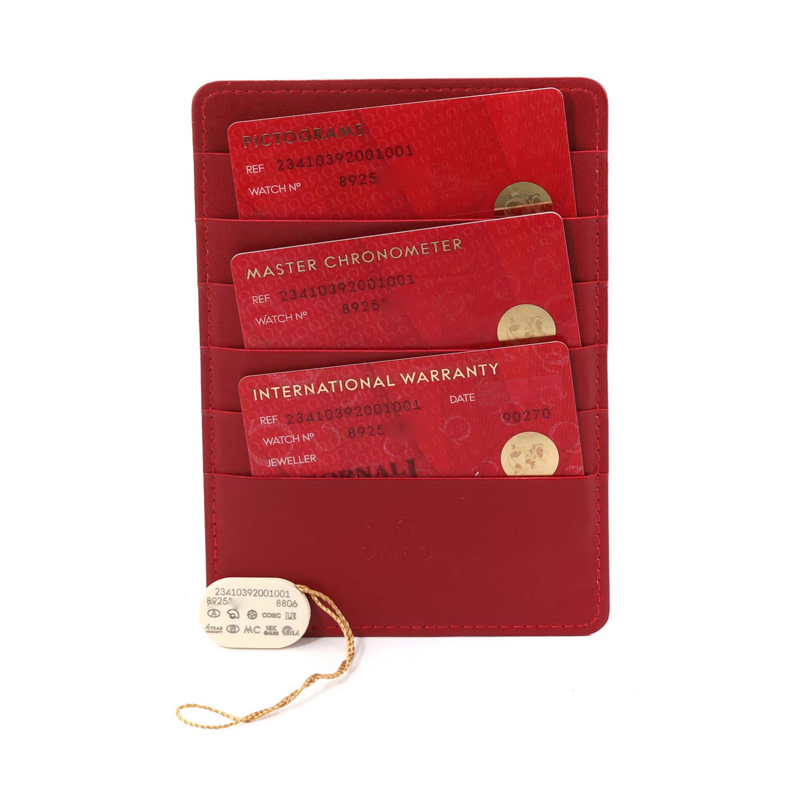 The image shows the warranty cards and tags from an Omega Seamaster 234.10.39.20.01.001 Men's Stainless Steel Black Dial 234.10.39.20.01.001 Men's Stainless Steel Black Dial watch.