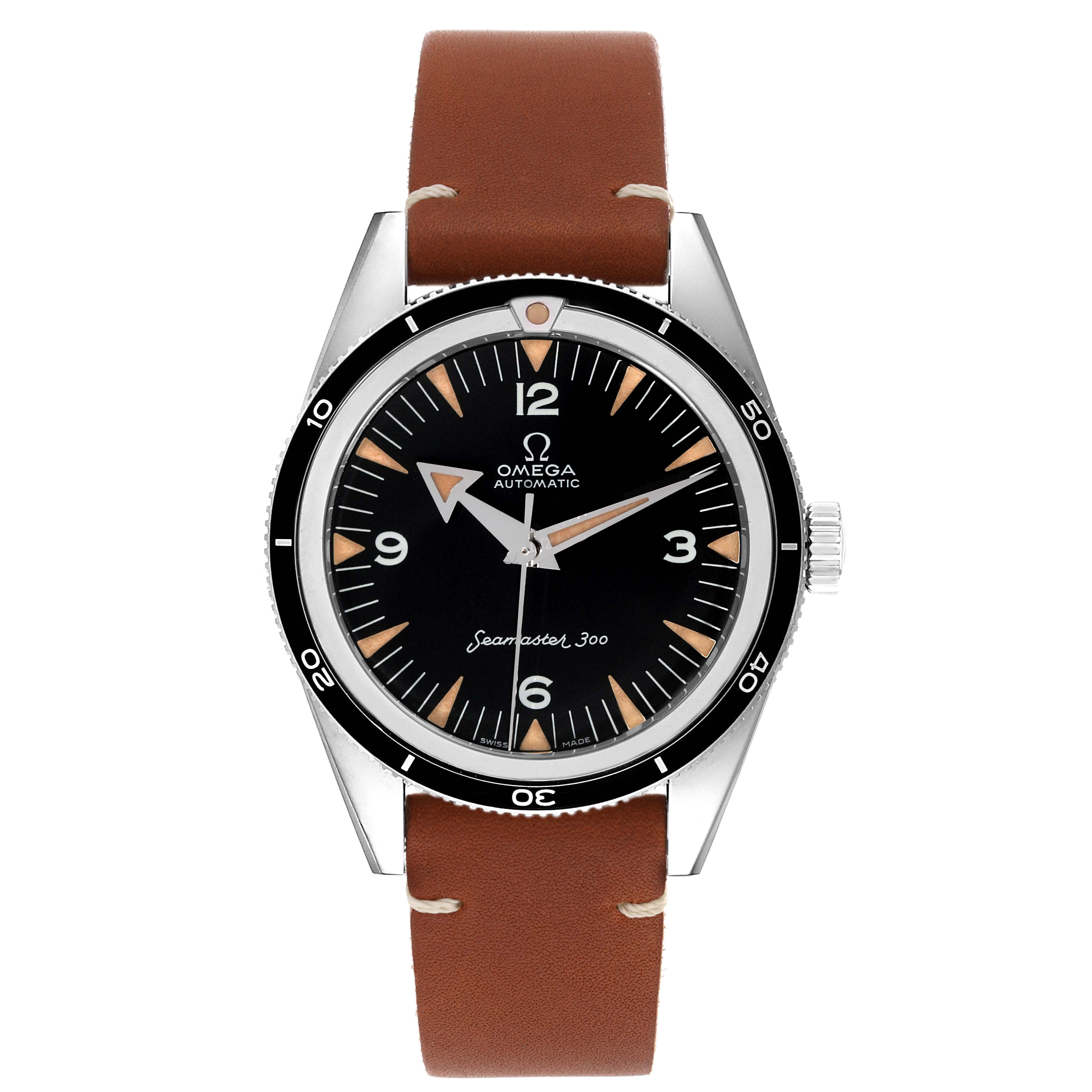 The Omega Seamaster 234.10.39.20.01.001 Men's Stainless Steel Black Dial 234.10.39.20.01.001 Men's Stainless Steel Black Dial 300 watch is shown from a top-down angle, highlighting its brown leather strap, black dial, and silver bezel.