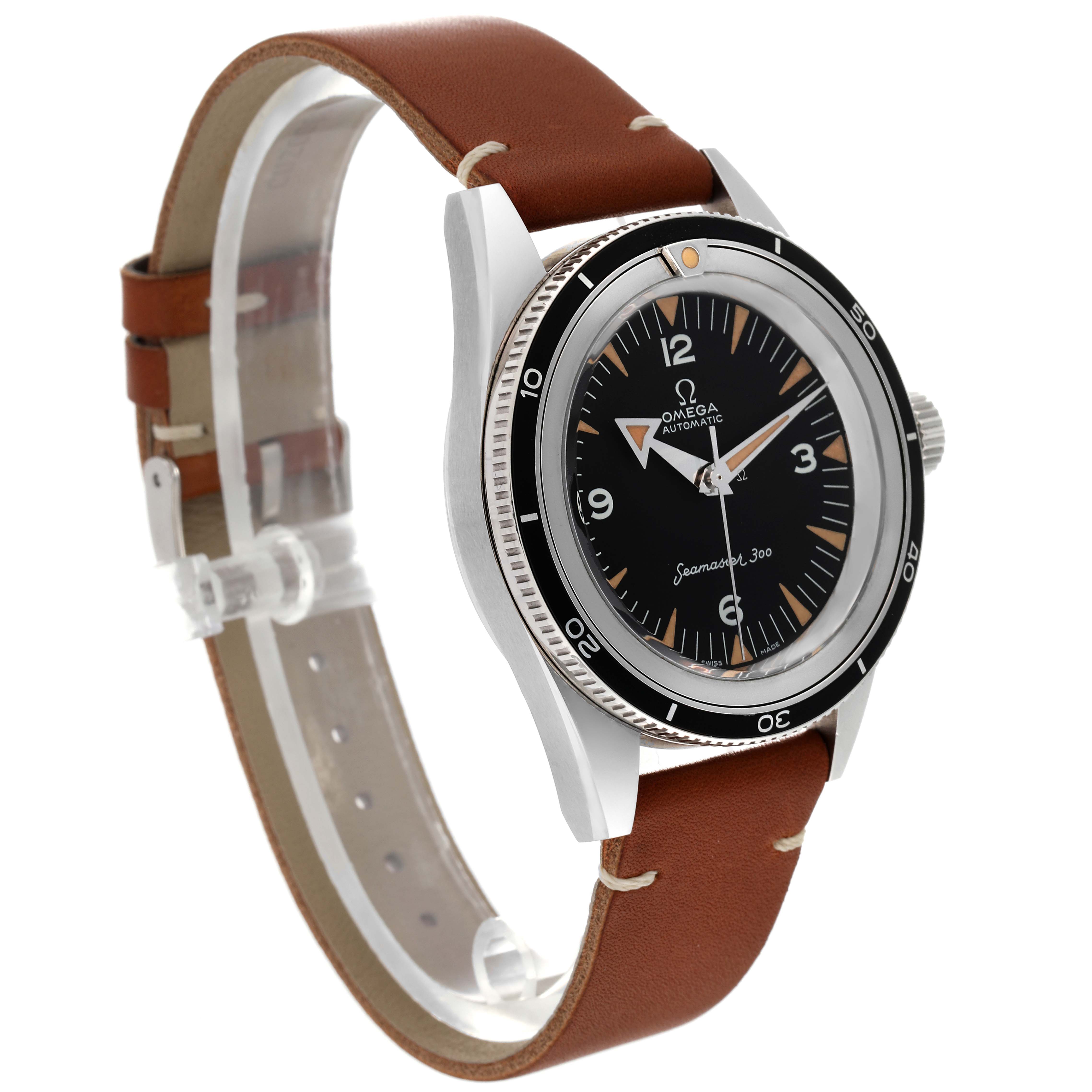 The Omega Seamaster 234.10.39.20.01.001 Men's Stainless Steel Black Dial 234.10.39.20.01.001 Men's Stainless Steel Black Dial watch is shown at a three-quarter angle, displaying the face, bezel, case, and brown leather strap.