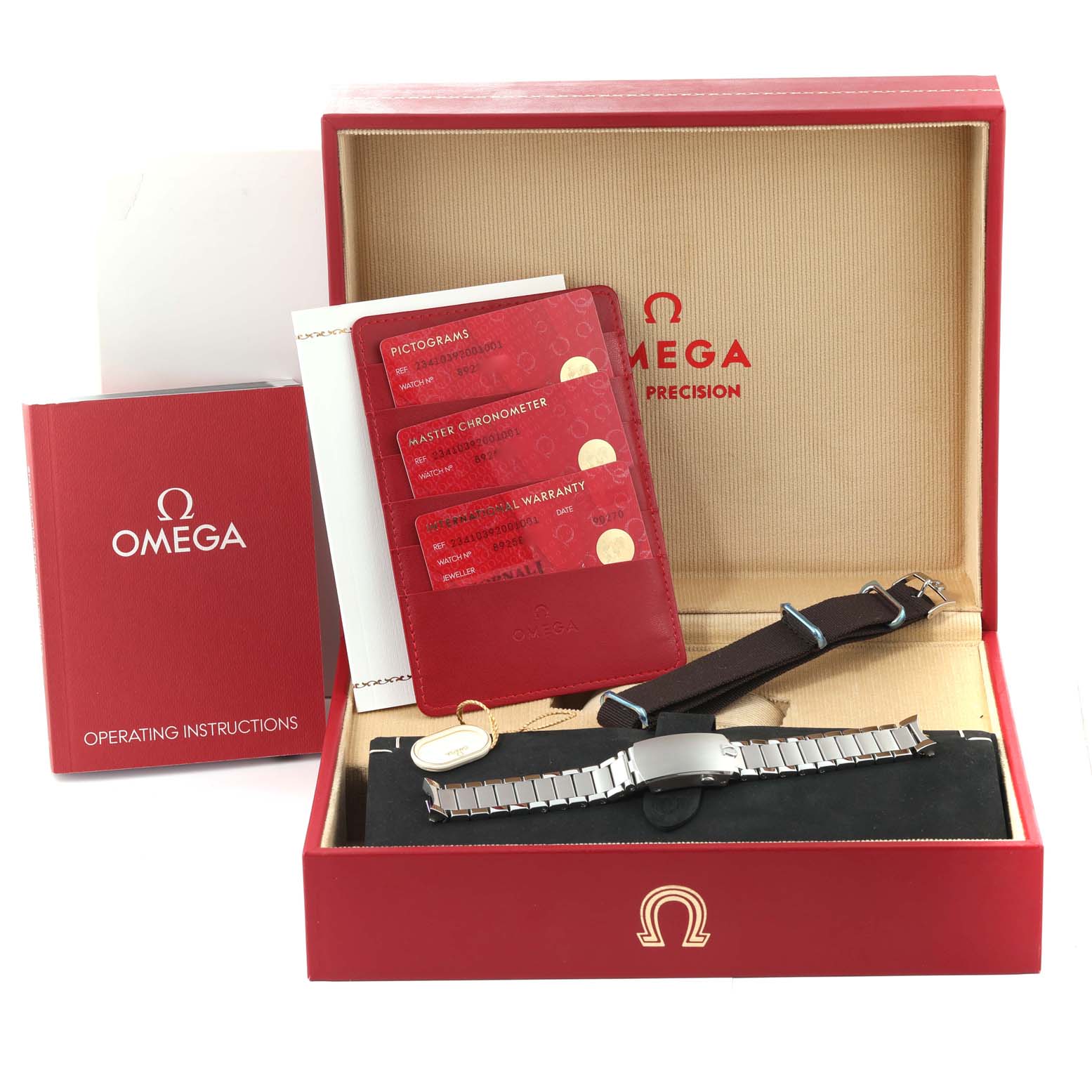 The Omega Seamaster 234.10.39.20.01.001 Men's Stainless Steel Black Dial 234.10.39.20.01.001 Men's Stainless Steel Black Dial watch and accessories are shown from a top-down angle, featuring the watch, straps, warranty cards, and instruction manual.