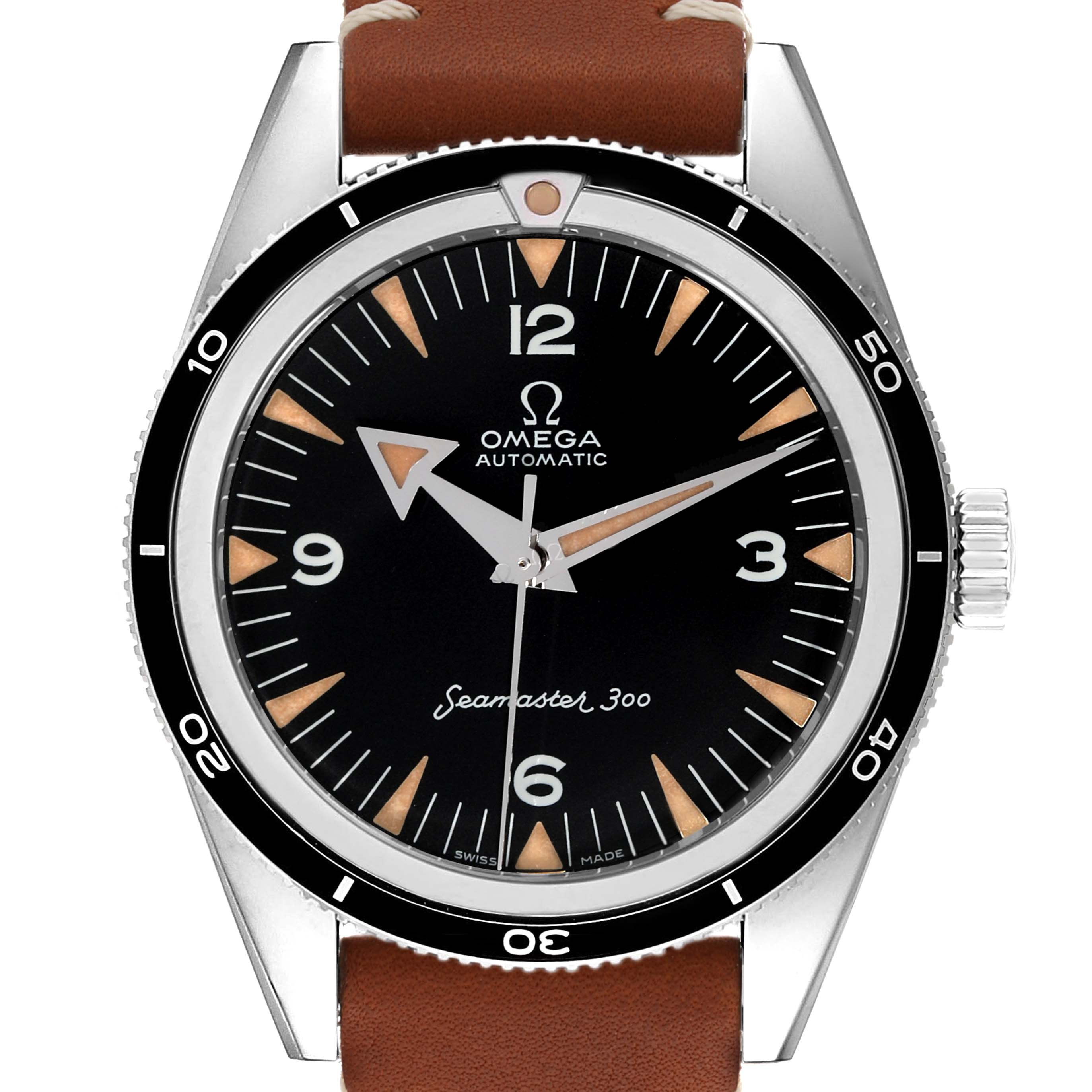 The image shows a frontal view of the Omega Seamaster 234.10.39.20.01.001 Men's Stainless Steel Black Dial 234.10.39.20.01.001 Men's Stainless Steel Black Dial 300 watch, highlighting its dial, bezel, hands, and part of the leather strap.