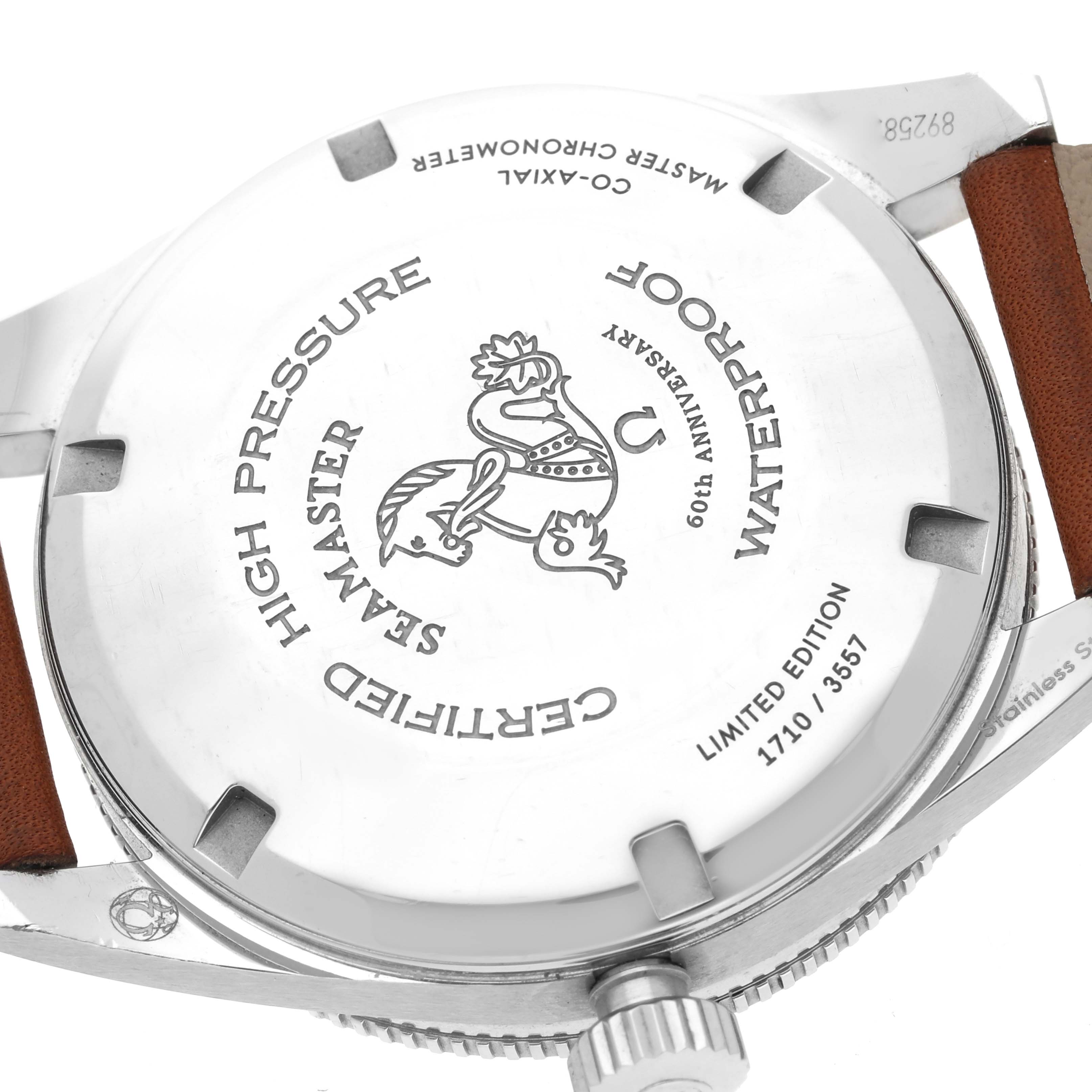 The image shows the back case and partial sides of an Omega Seamaster 234.10.39.20.01.001 Men's Stainless Steel Black Dial 234.10.39.20.01.001 Men's Stainless Steel Black Dial watch, highlighting its engraving and limited edition number.