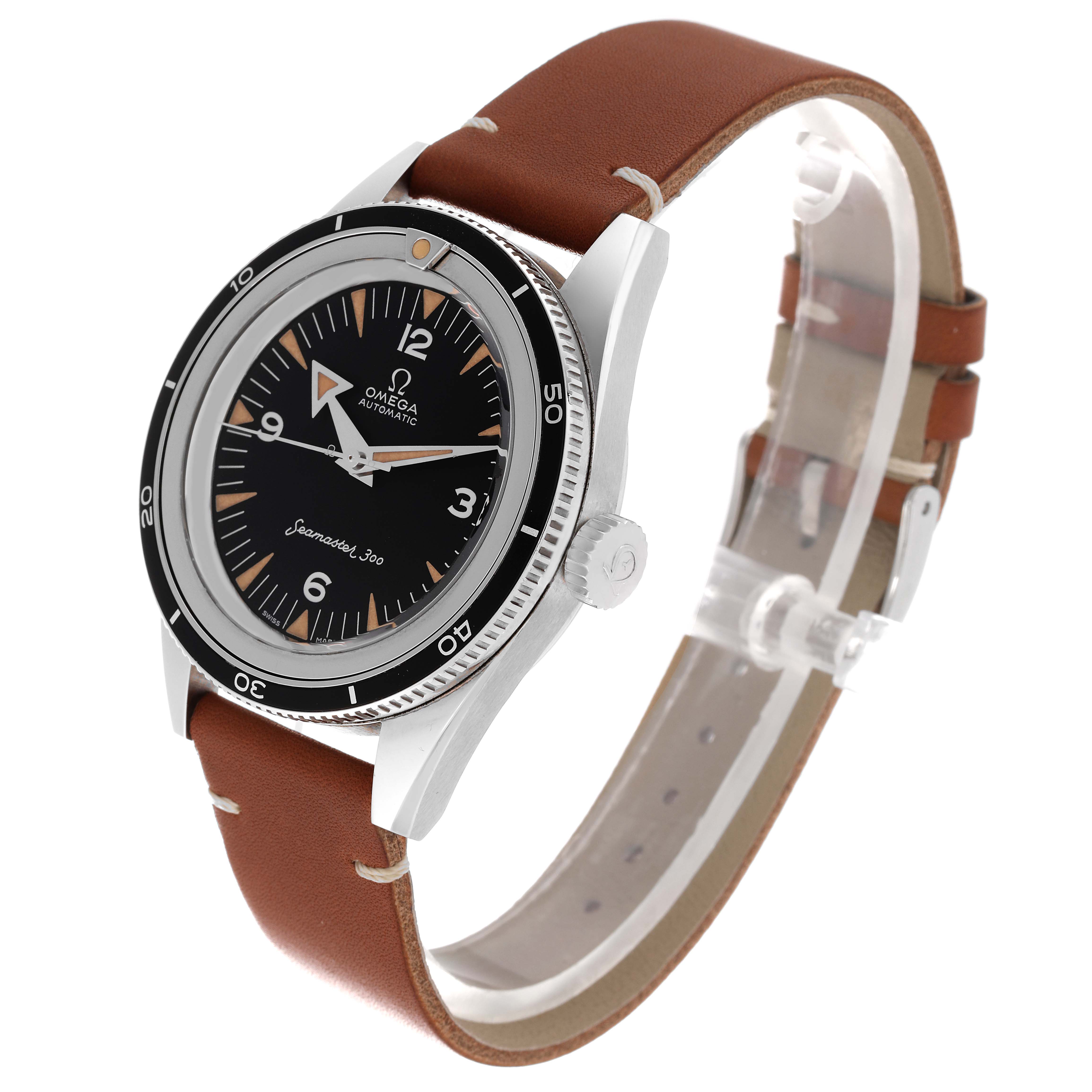 The Omega Seamaster 234.10.39.20.01.001 Men's Stainless Steel Black Dial 234.10.39.20.01.001 Men's Stainless Steel Black Dial watch is shown at a slight angle, displaying the face, bezel, case, crown, and brown leather strap.