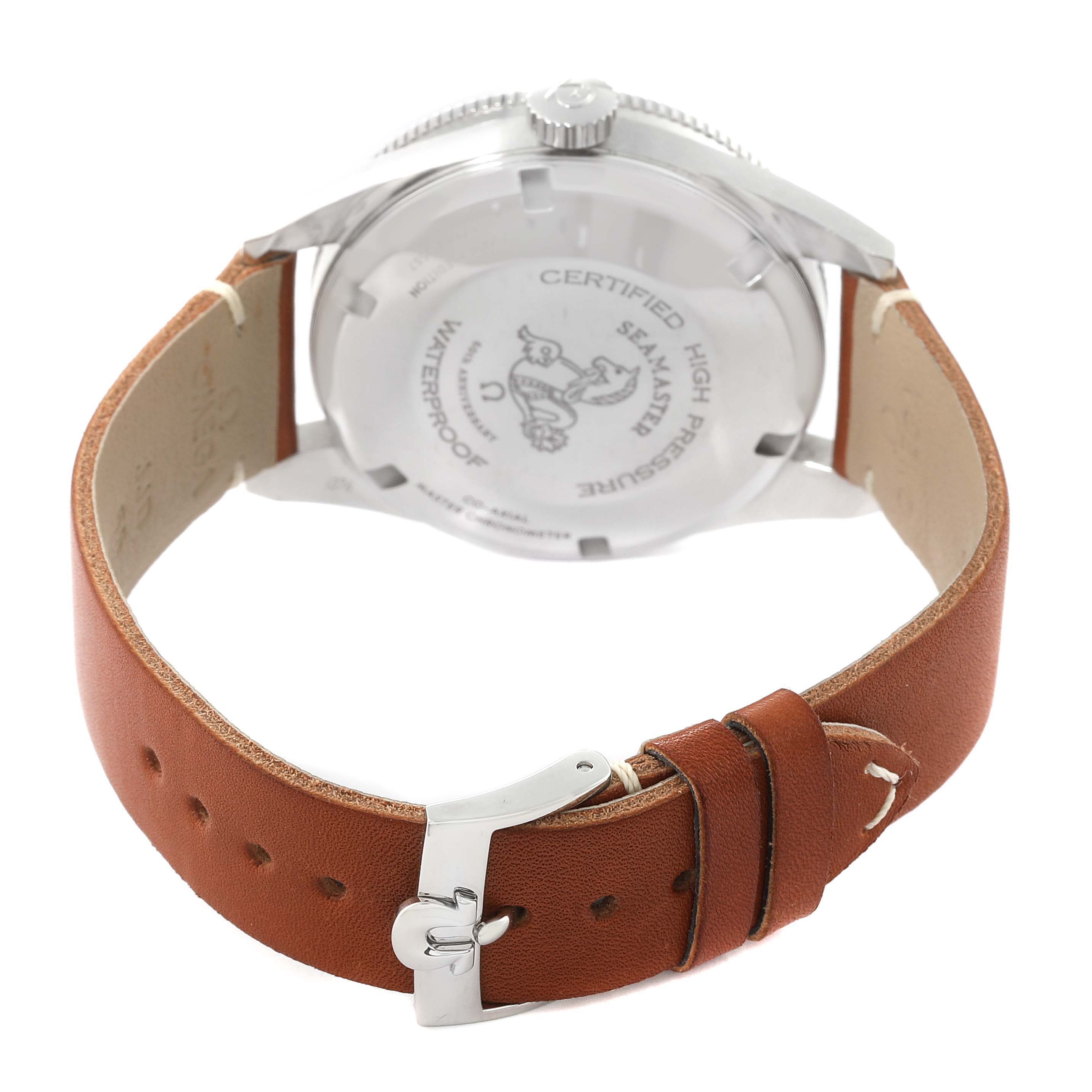 The image shows the back view of an Omega Seamaster 234.10.39.20.01.001 Men's Stainless Steel Black Dial 234.10.39.20.01.001 Men's Stainless Steel Black Dial watch, highlighting its casing and brown leather strap.