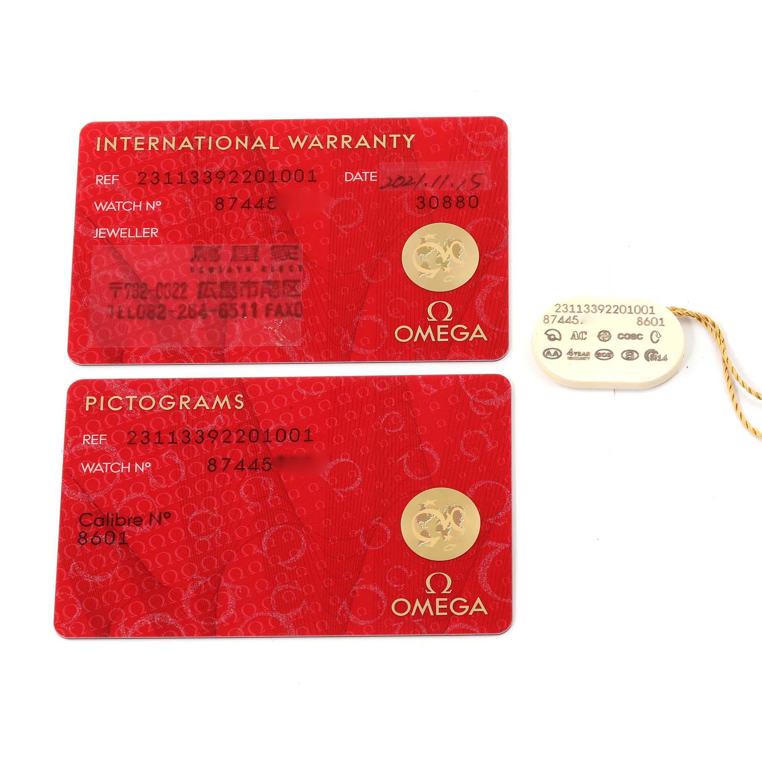 The image shows the warranty cards and a tag of the Omega Aqua Terra 231.13.39.22.01.001 Men's Stainless Steel Black Dial 231.13.39.22.01.001 Men's Stainless Steel Black Dial watch model.