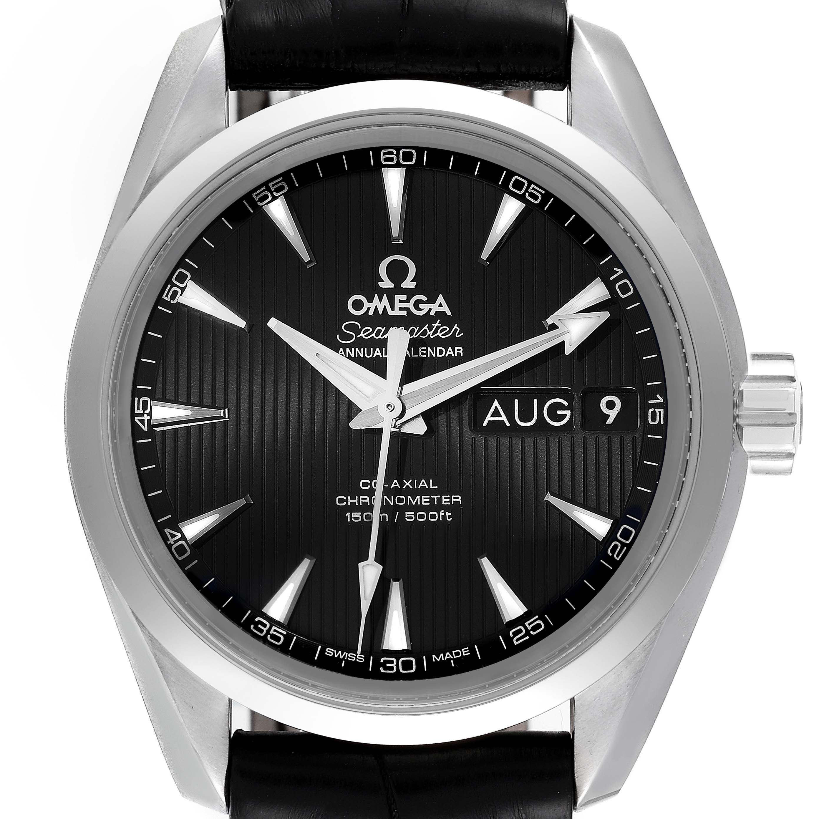 The Omega Aqua Terra 231.13.39.22.01.001 Men's Stainless Steel Black Dial 231.13.39.22.01.001 Men's Stainless Steel Black Dial watch is shown from the front, displaying its face, hands, date window, and parts of the case and strap.