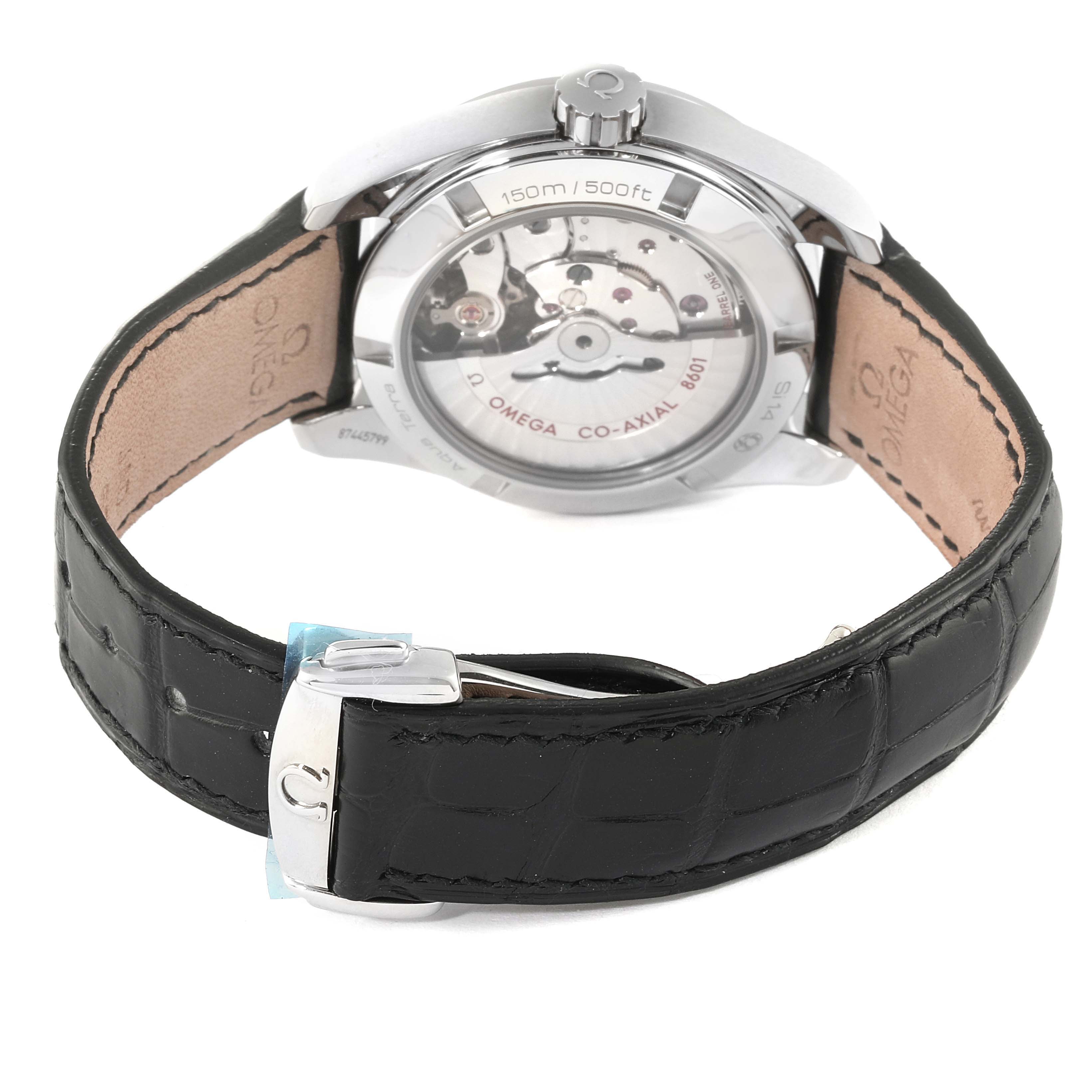 The image shows the back view of an Omega Aqua Terra 231.13.39.22.01.001 Men's Stainless Steel Black Dial 231.13.39.22.01.001 Men's Stainless Steel Black Dial watch, highlighting the movement through the transparent case back and the black leather strap with a clasp.