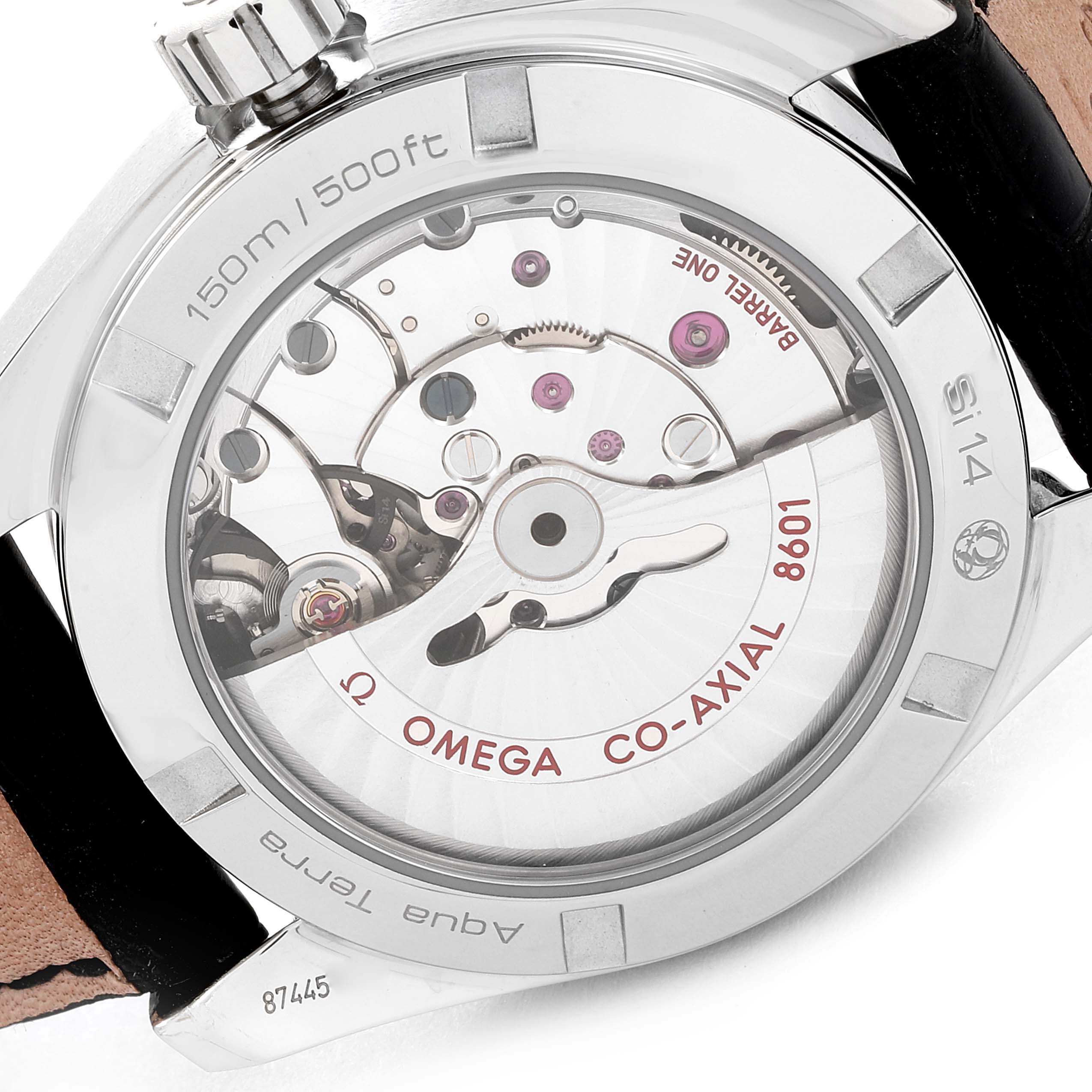 The image shows the case back view of the Omega Aqua Terra 231.13.39.22.01.001 Men's Stainless Steel Black Dial 231.13.39.22.01.001 Men's Stainless Steel Black Dial watch, highlighting its Co-Axial 8601 movement.