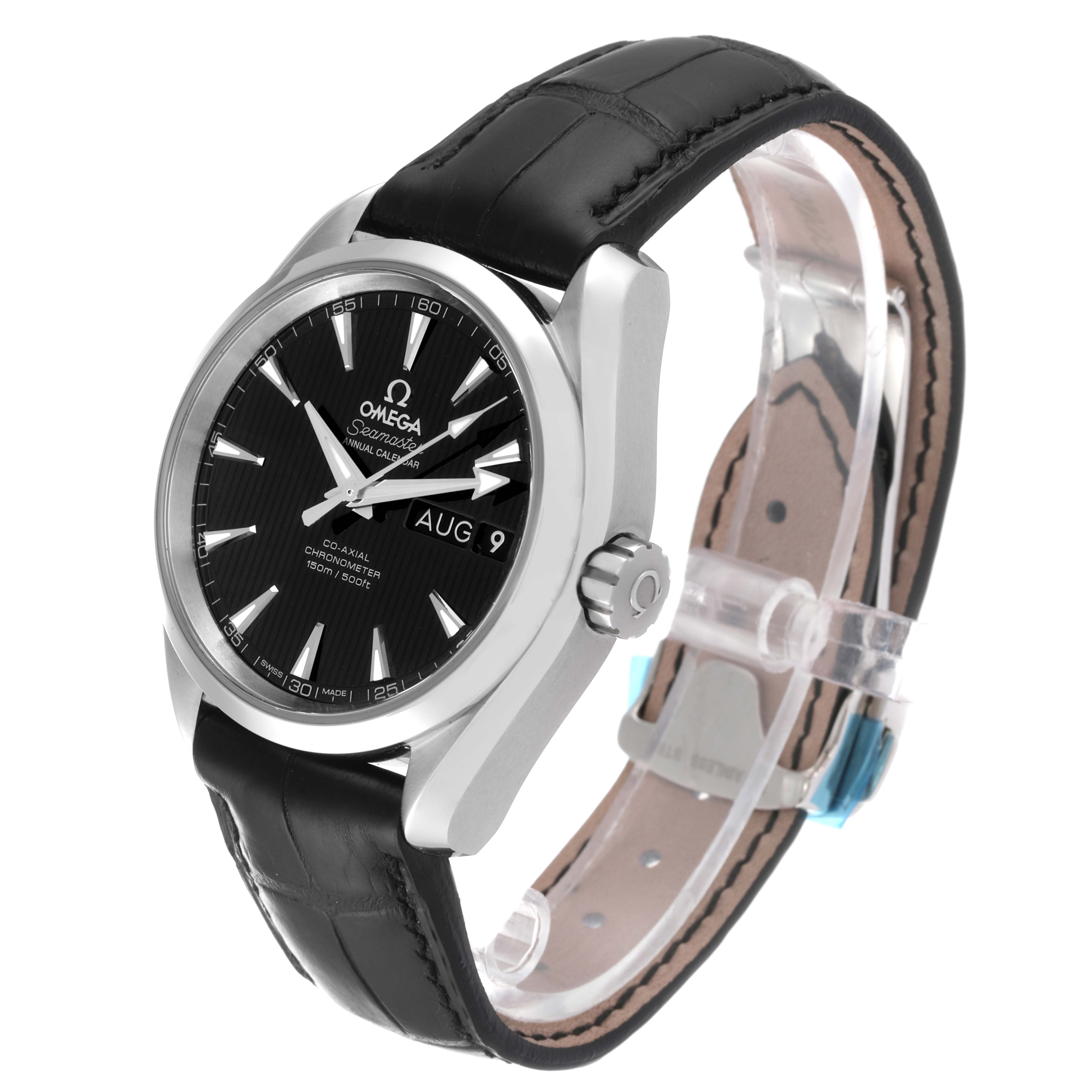 The image shows a side angle view of the Omega Aqua Terra 231.13.39.22.01.001 Men's Stainless Steel Black Dial 231.13.39.22.01.001 Men's Stainless Steel Black Dial watch, emphasizing its black leather strap and dial.