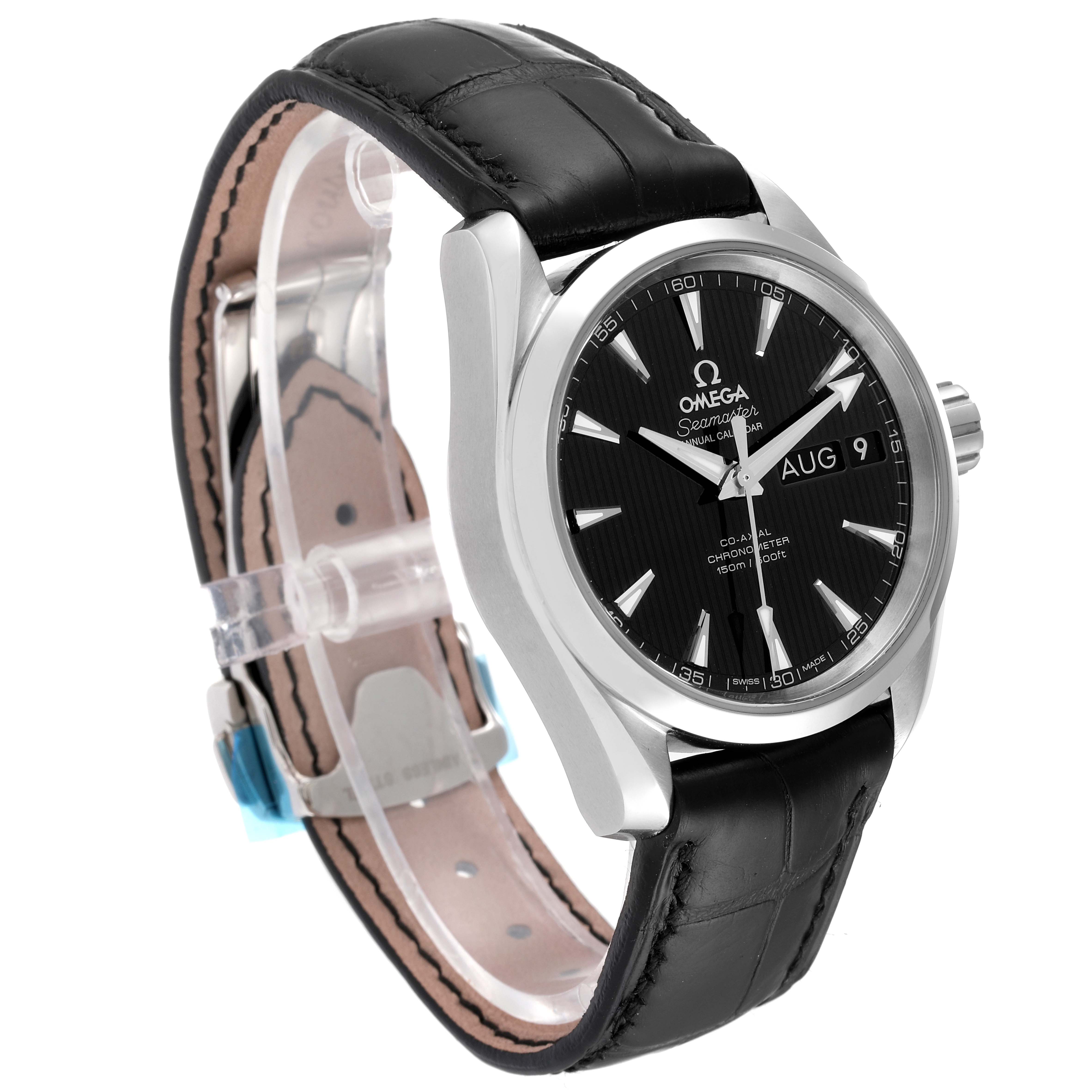 The Omega Aqua Terra 231.13.39.22.01.001 Men's Stainless Steel Black Dial 231.13.39.22.01.001 Men's Stainless Steel Black Dial watch is shown at an angle showcasing the face, bezel, crown, and leather strap with deployment clasp.