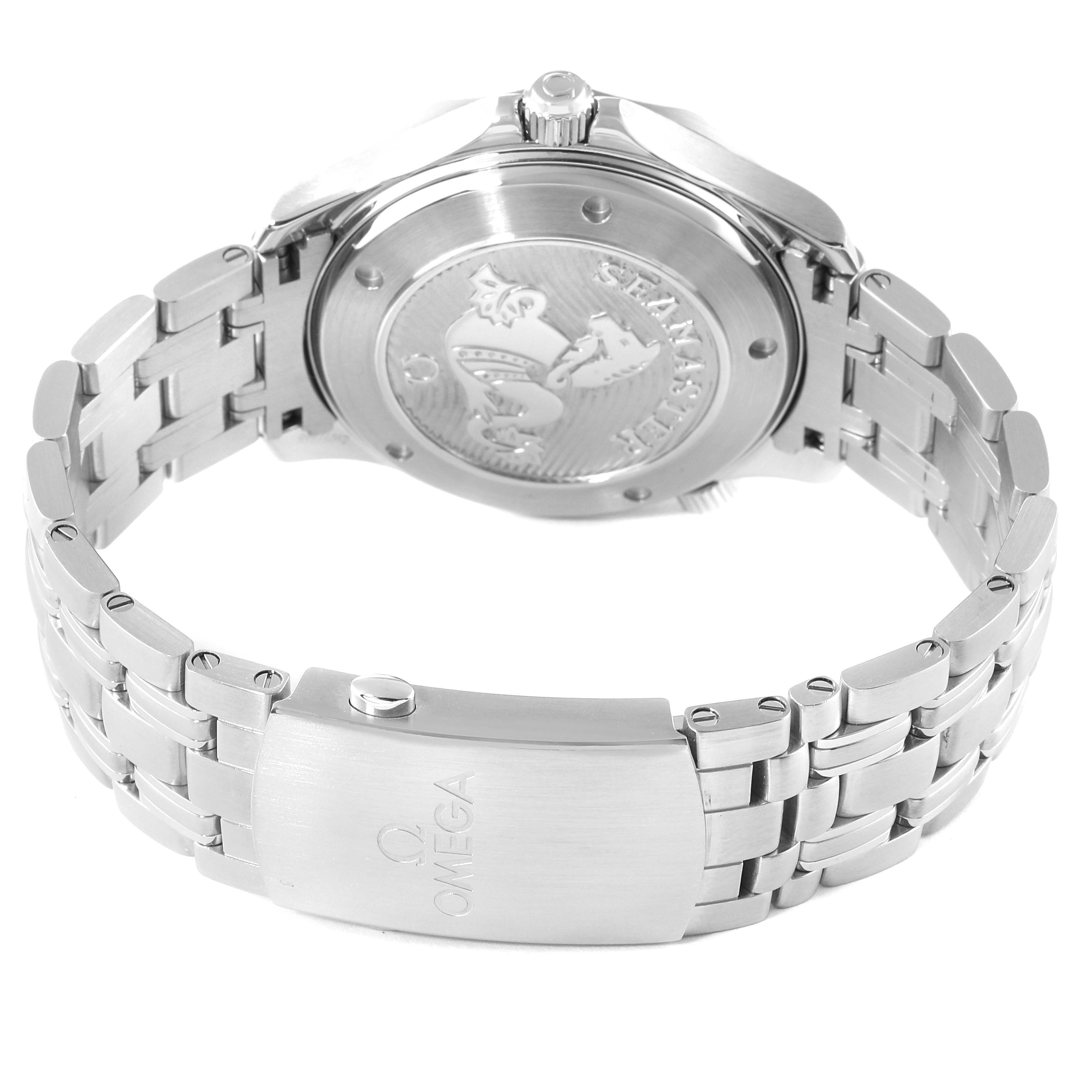 This image shows the back and clasp of an Omega Seamaster 212.30.41.20.01.003 Men's Stainless Steel Black Dial 212.30.41.20.01.003 Men's Stainless Steel Black Dial watch at an angle.