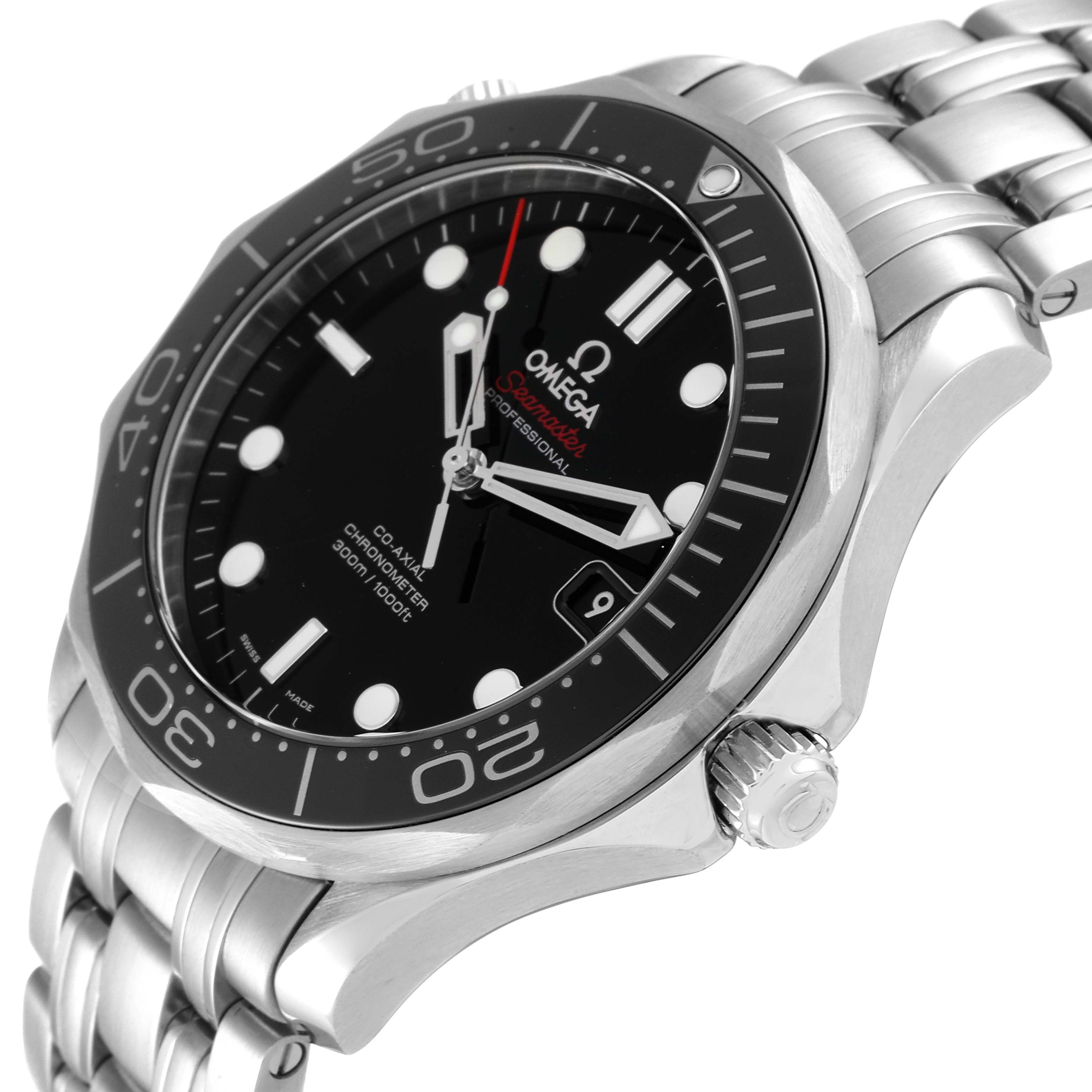 The image shows an angled view of the Omega Seamaster 212.30.41.20.01.003 Men's Stainless Steel Black Dial 212.30.41.20.01.003 Men's Stainless Steel Black Dial watch, highlighting the face, bezel, and part of the stainless steel bracelet.