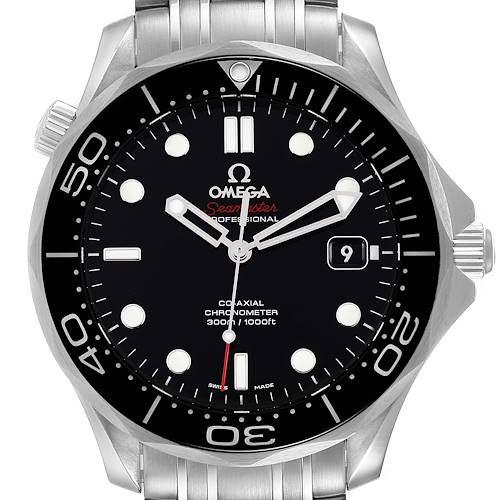 The image shows a front view of an Omega Seamaster watch, displaying its dial, bezel, crown, and part of the bracelet.