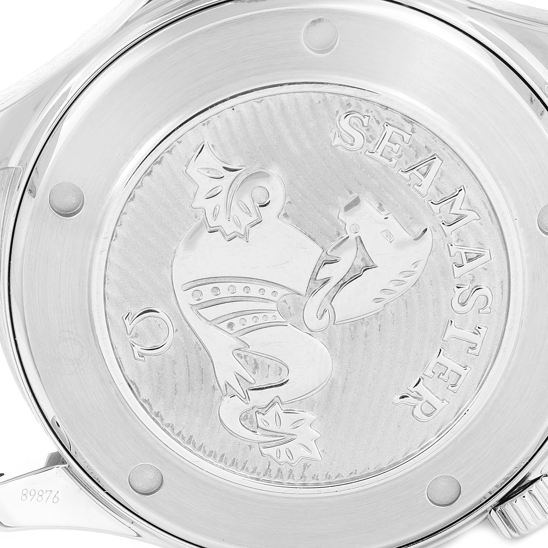 The image shows the case back of an Omega Seamaster 212.30.41.20.01.003 Men's Stainless Steel Black Dial 212.30.41.20.01.003 Men's Stainless Steel Black Dial watch, featuring the engraved Seahorse logo and the word "Seamaster."