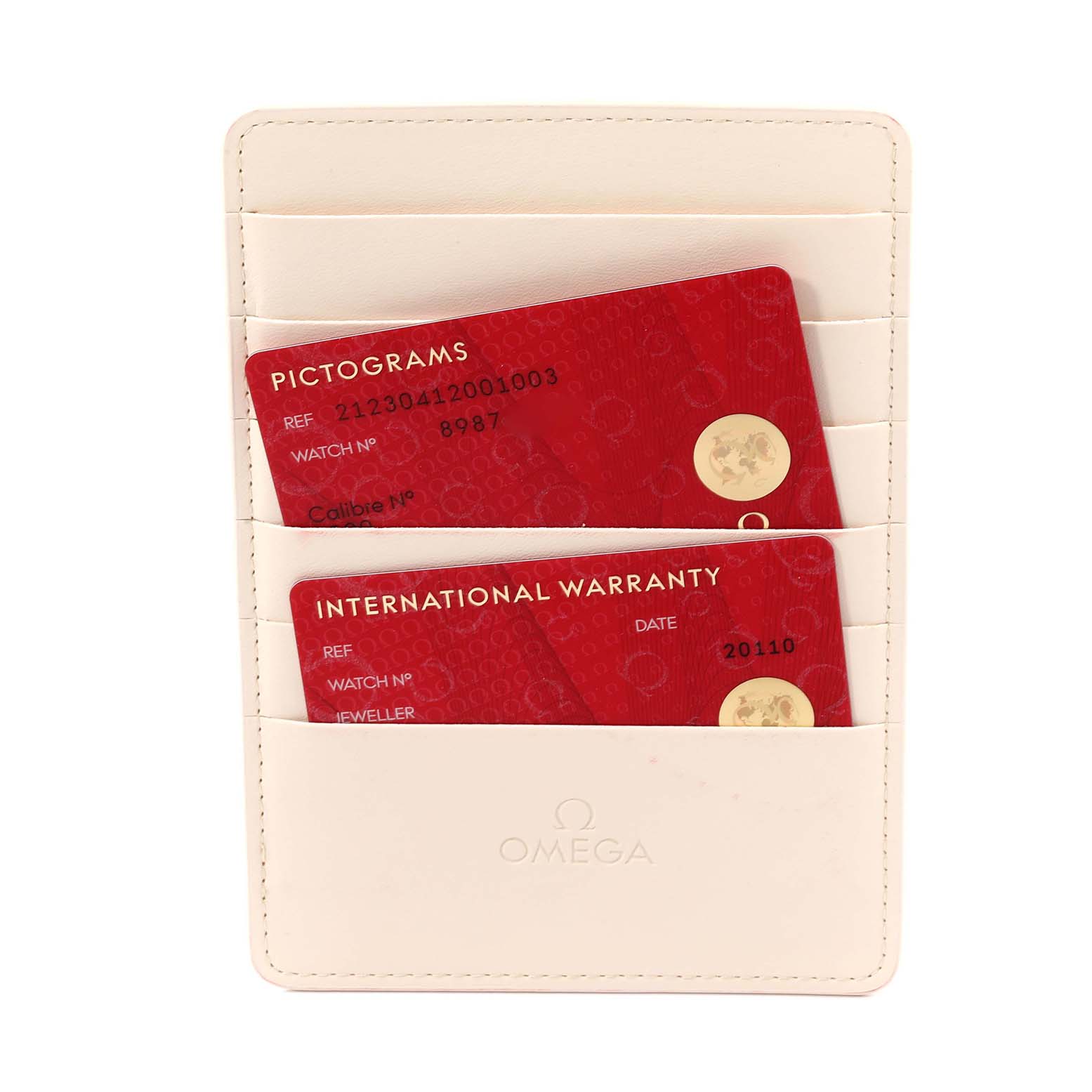 The image shows Omega Seamaster 212.30.41.20.01.003 Men's Stainless Steel Black Dial 212.30.41.20.01.003 Men's Stainless Steel Black Dial model warranty and pictogram cards in a white cardholder.