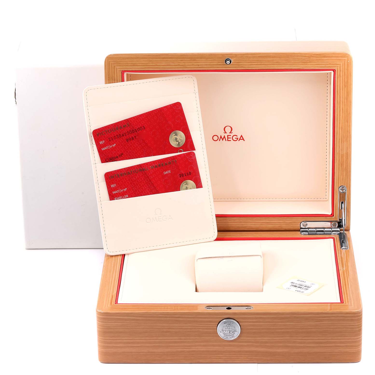 A frontal view of an Omega Seamaster 212.30.41.20.01.003 Men's Stainless Steel Black Dial 212.30.41.20.01.003 Men's Stainless Steel Black Dial watch box, displaying cards and watch cushion inside.