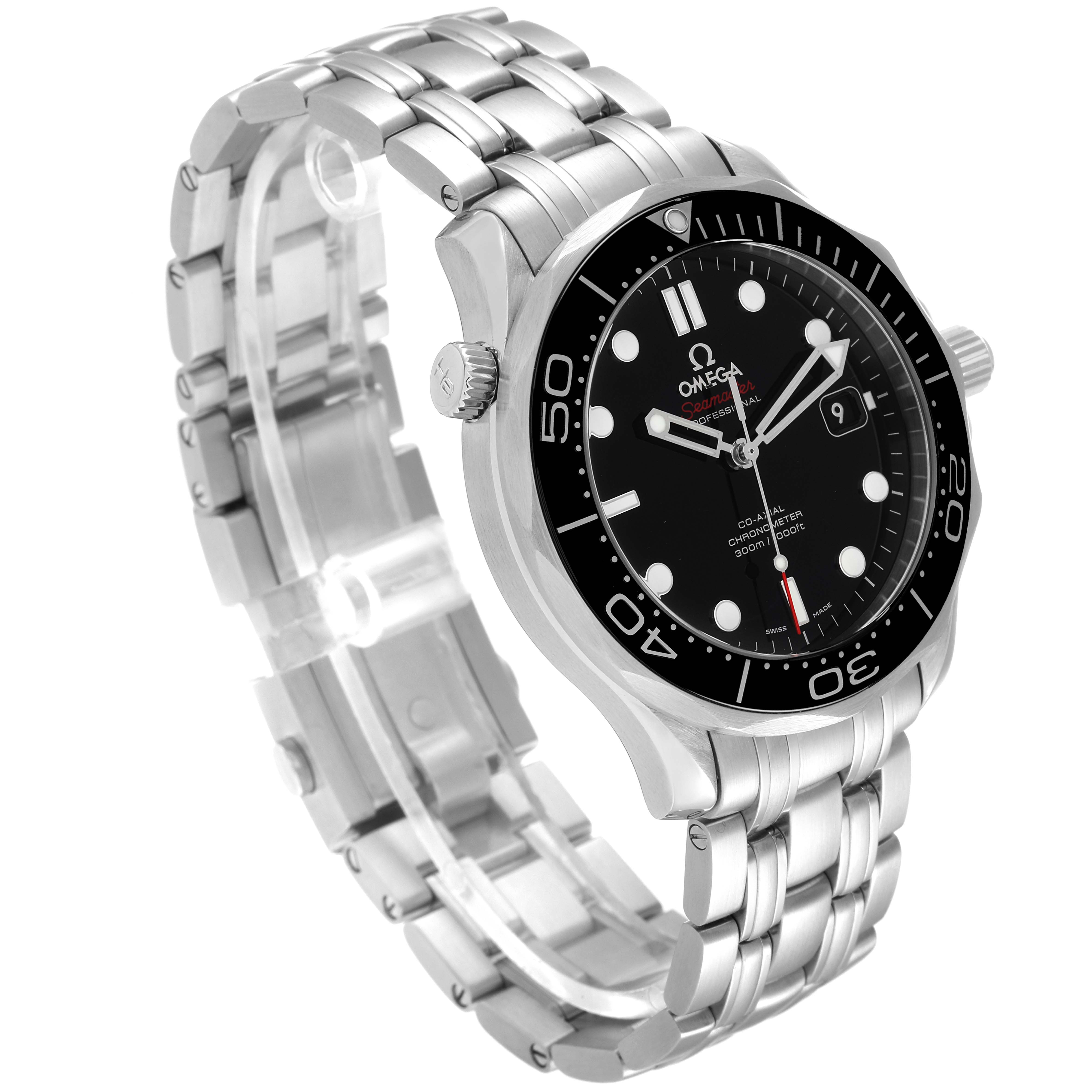 The Omega Seamaster 212.30.41.20.01.003 Men's Stainless Steel Black Dial 212.30.41.20.01.003 Men's Stainless Steel Black Dial watch is shown from an angled view, displaying the face, bezel, crown, and metal bracelet.