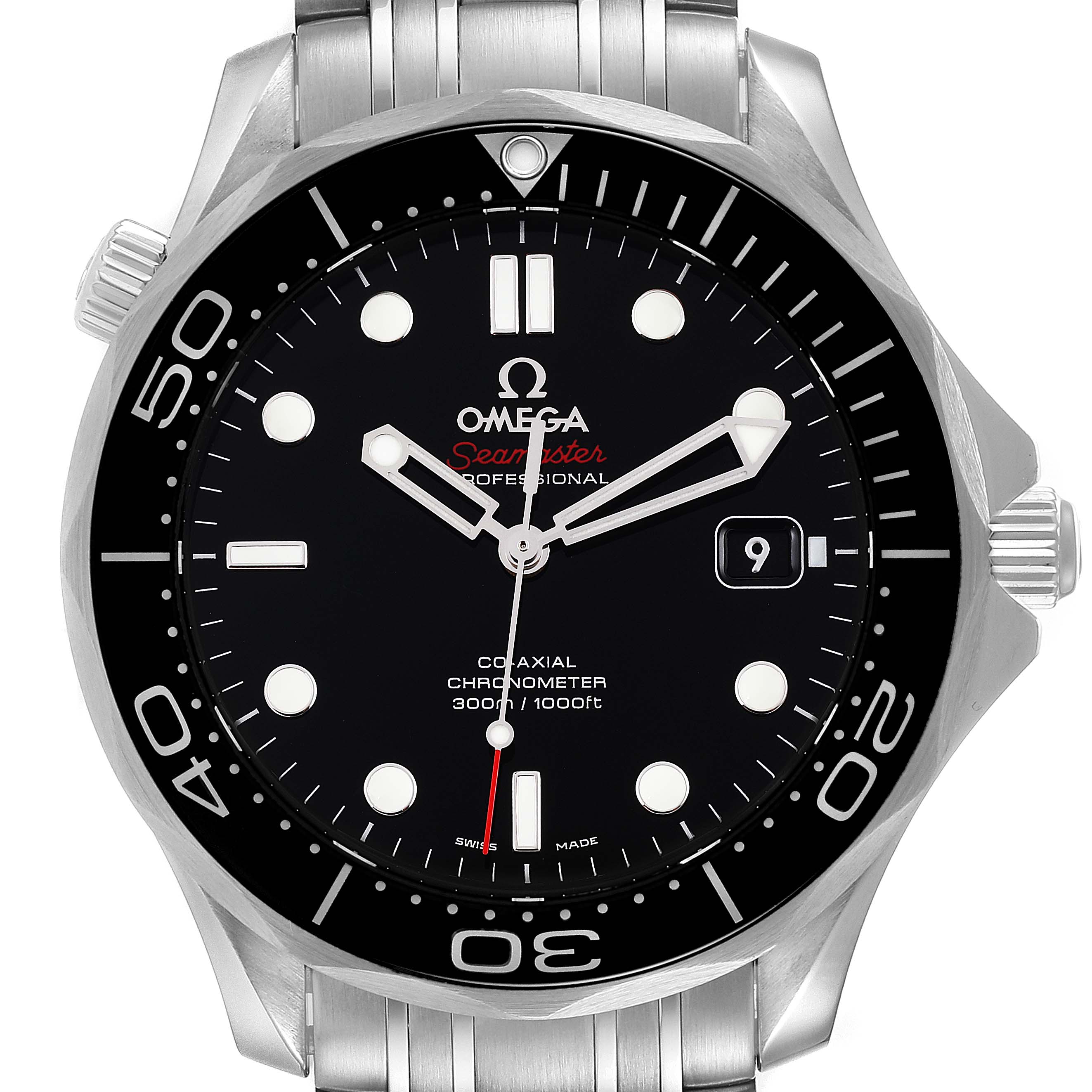 The Omega Seamaster 212.30.41.20.01.003 Men's Stainless Steel Black Dial 212.30.41.20.01.003 Men's Stainless Steel Black Dial watch is shown from a front angle, displaying the face, bezel, crown, dial, hands, and part of the bracelet.