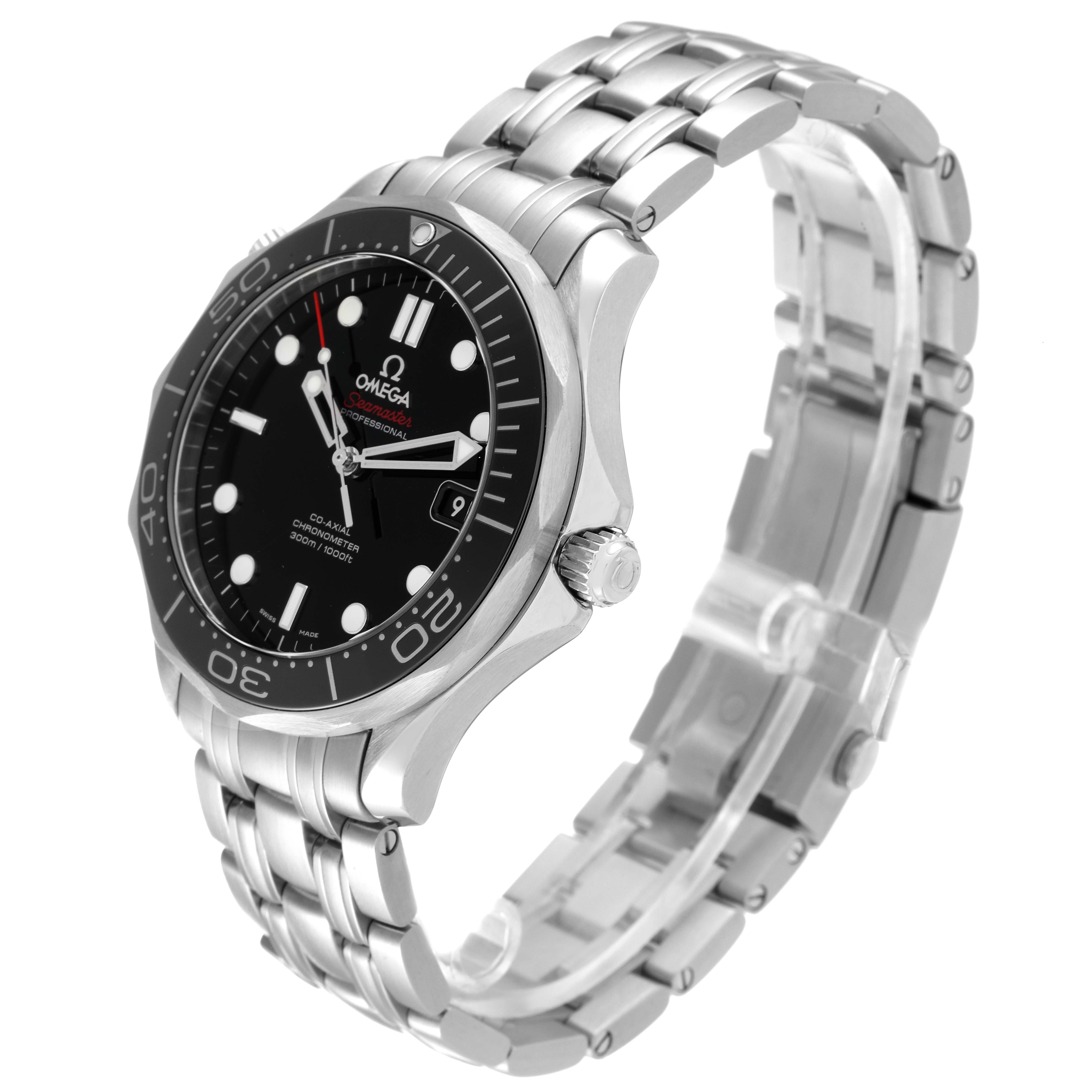 The image shows an Omega Seamaster 212.30.41.20.01.003 Men's Stainless Steel Black Dial 212.30.41.20.01.003 Men's Stainless Steel Black Dial watch at a three-quarter angle highlighting the face, bezel, crown, and bracelet.