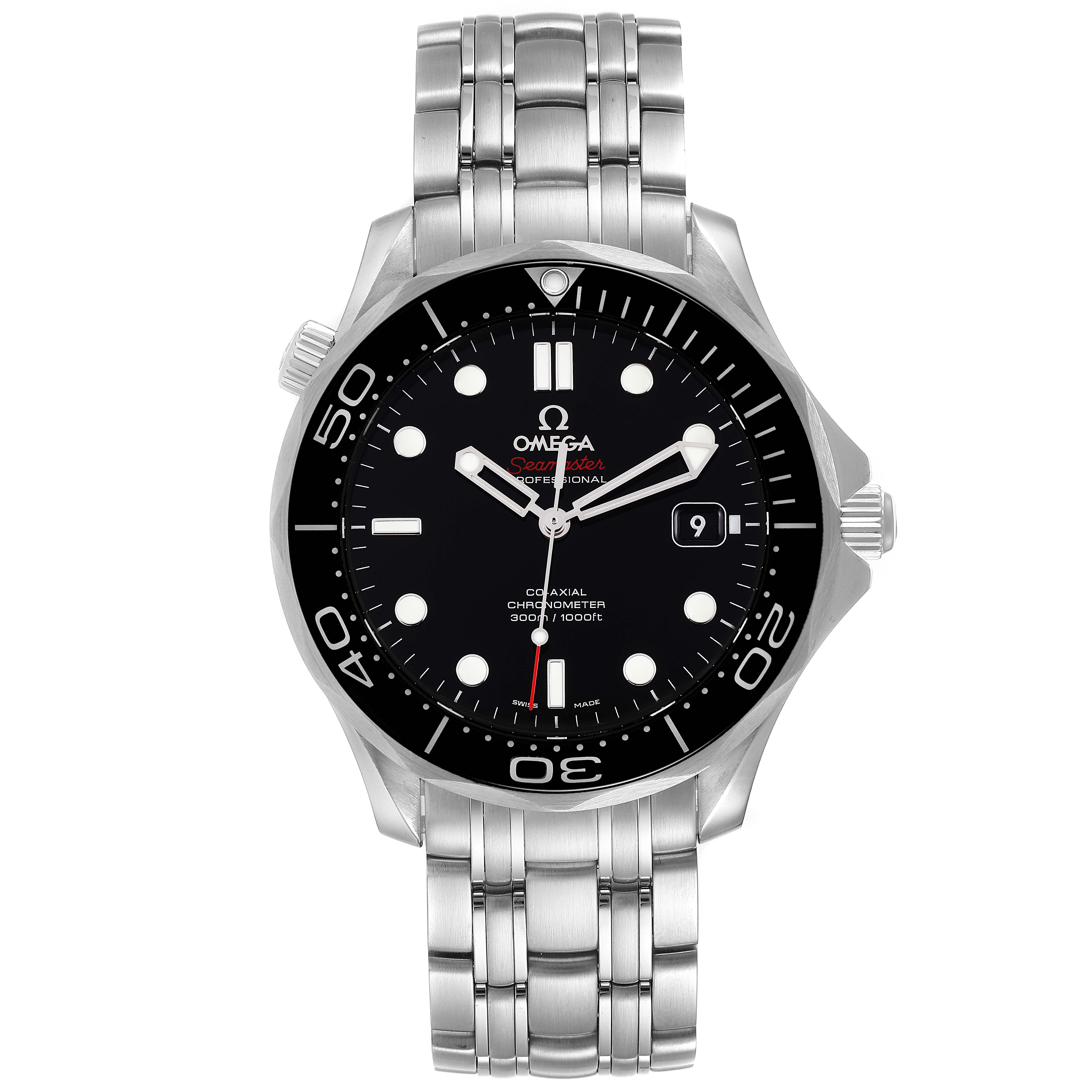 The image shows a frontal view of the Omega Seamaster 212.30.41.20.01.003 Men's Stainless Steel Black Dial 212.30.41.20.01.003 Men's Stainless Steel Black Dial watch, highlighting its black dial, bezel, and stainless steel bracelet.