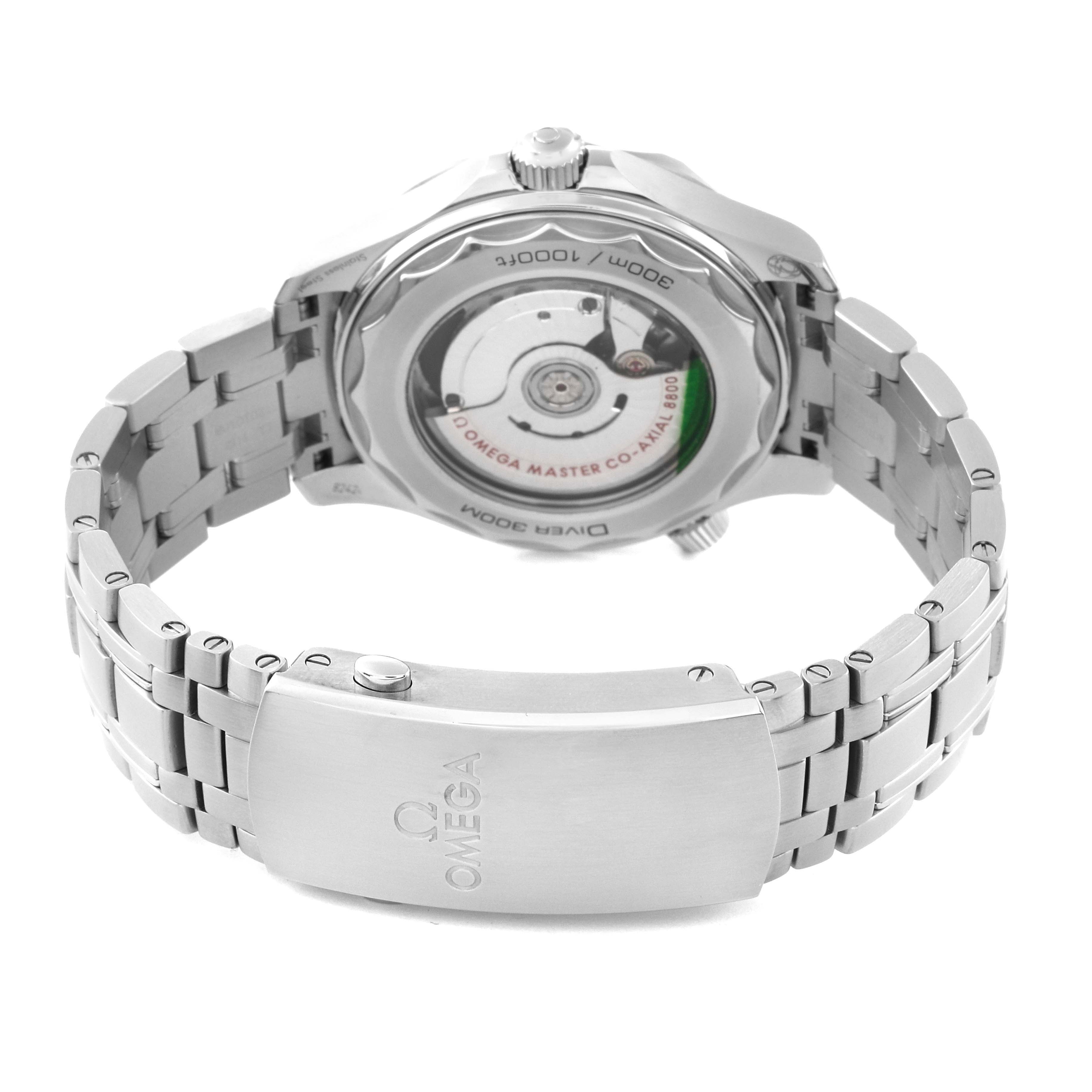 The image shows the back and bracelet of an Omega Seamaster 210.30.42.20.04.001 Men
s Stainless Steel White Dial 210.30.42.20.04.001 Men
s Stainless Steel White Dial watch, highlighting the movement through a transparent case back.