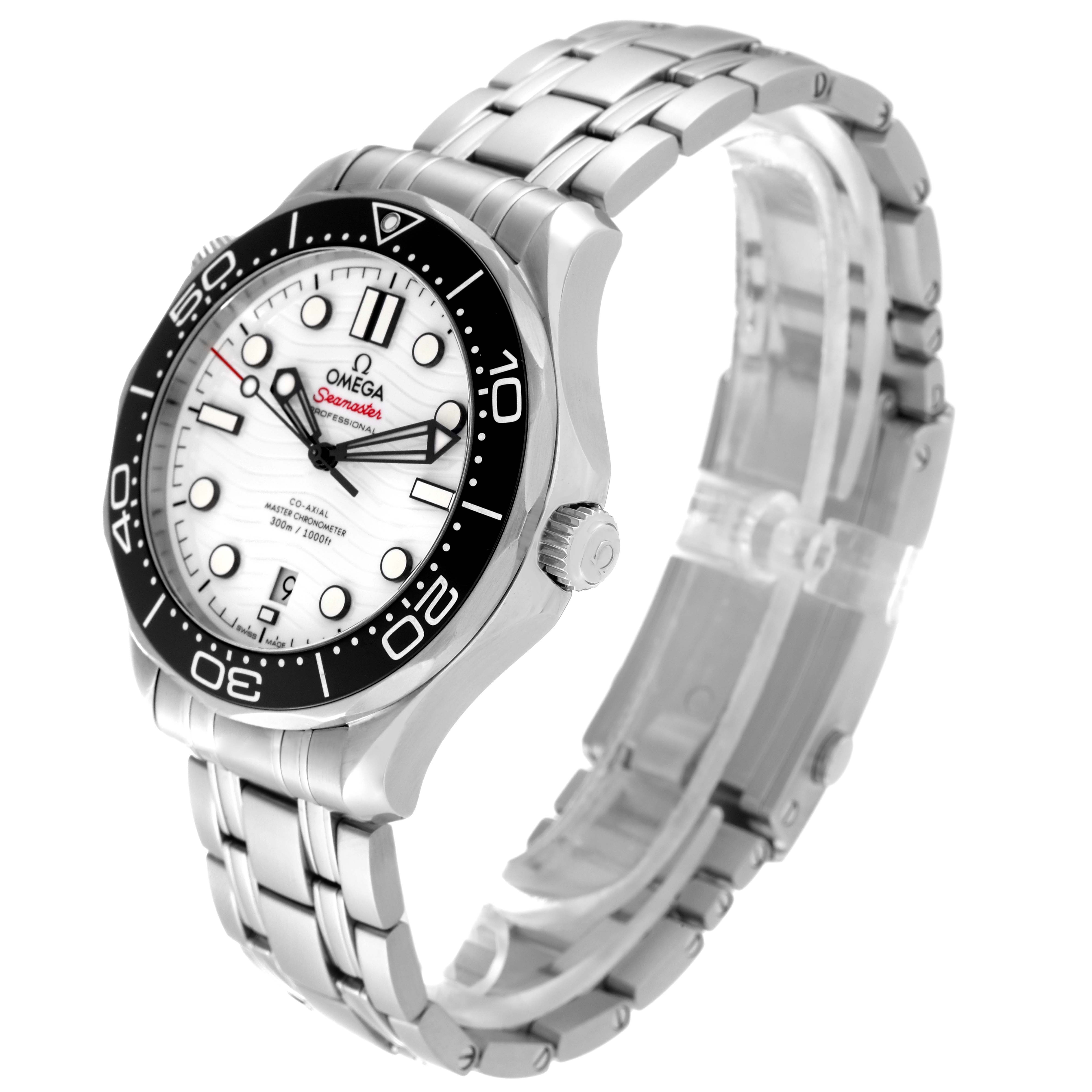 The Omega Seamaster 210.30.42.20.04.001 Men
s Stainless Steel White Dial 210.30.42.20.04.001 Men
s Stainless Steel White Dial watch is shown at an angle from the right side, displaying the face, bezel, crown, and stainless steel bracelet.