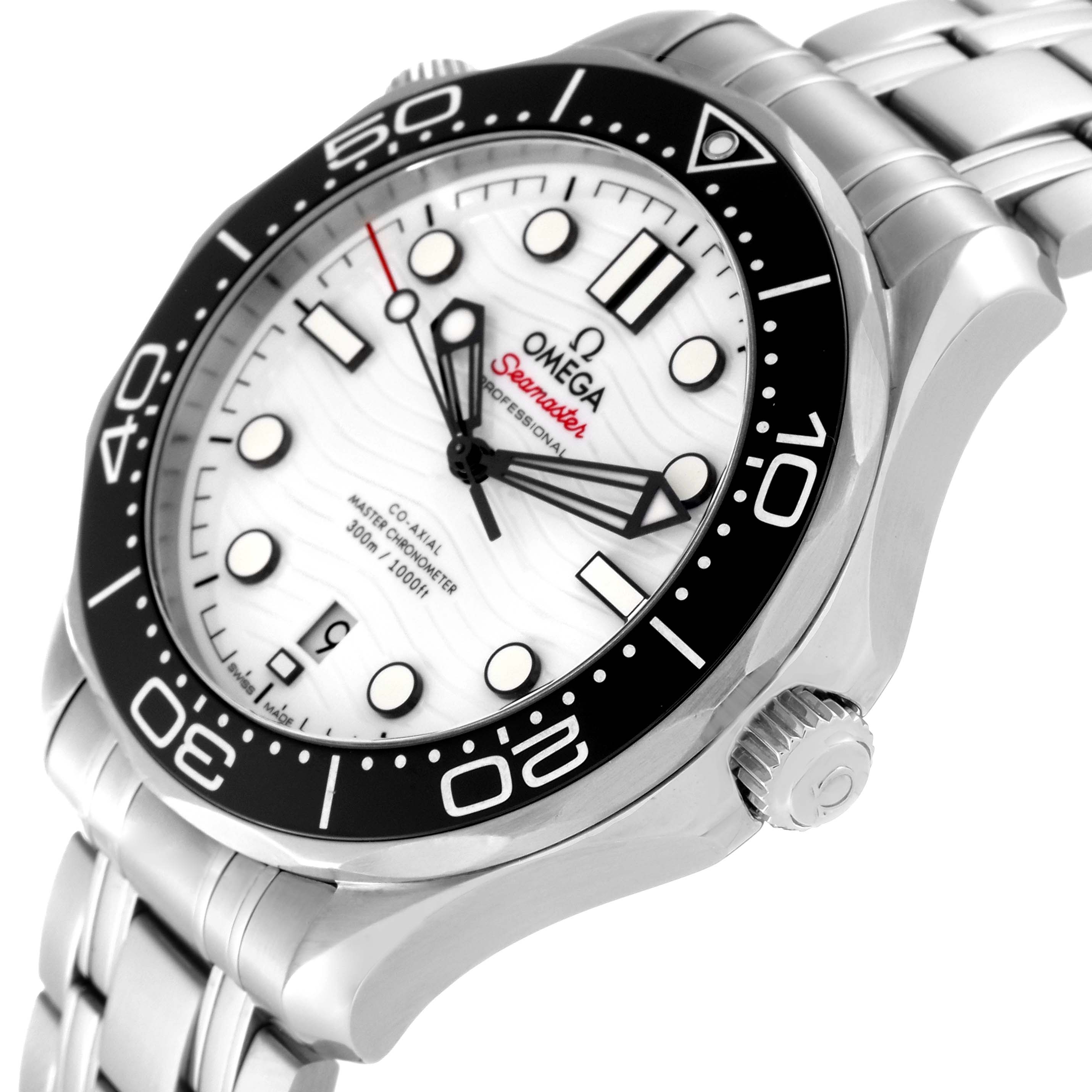 The image shows an Omega Seamaster 210.30.42.20.04.001 Men
s Stainless Steel White Dial 210.30.42.20.04.001 Men
s Stainless Steel White Dial watch at an angled close-up, highlighting the face, bezel, crown, and part of the bracelet.