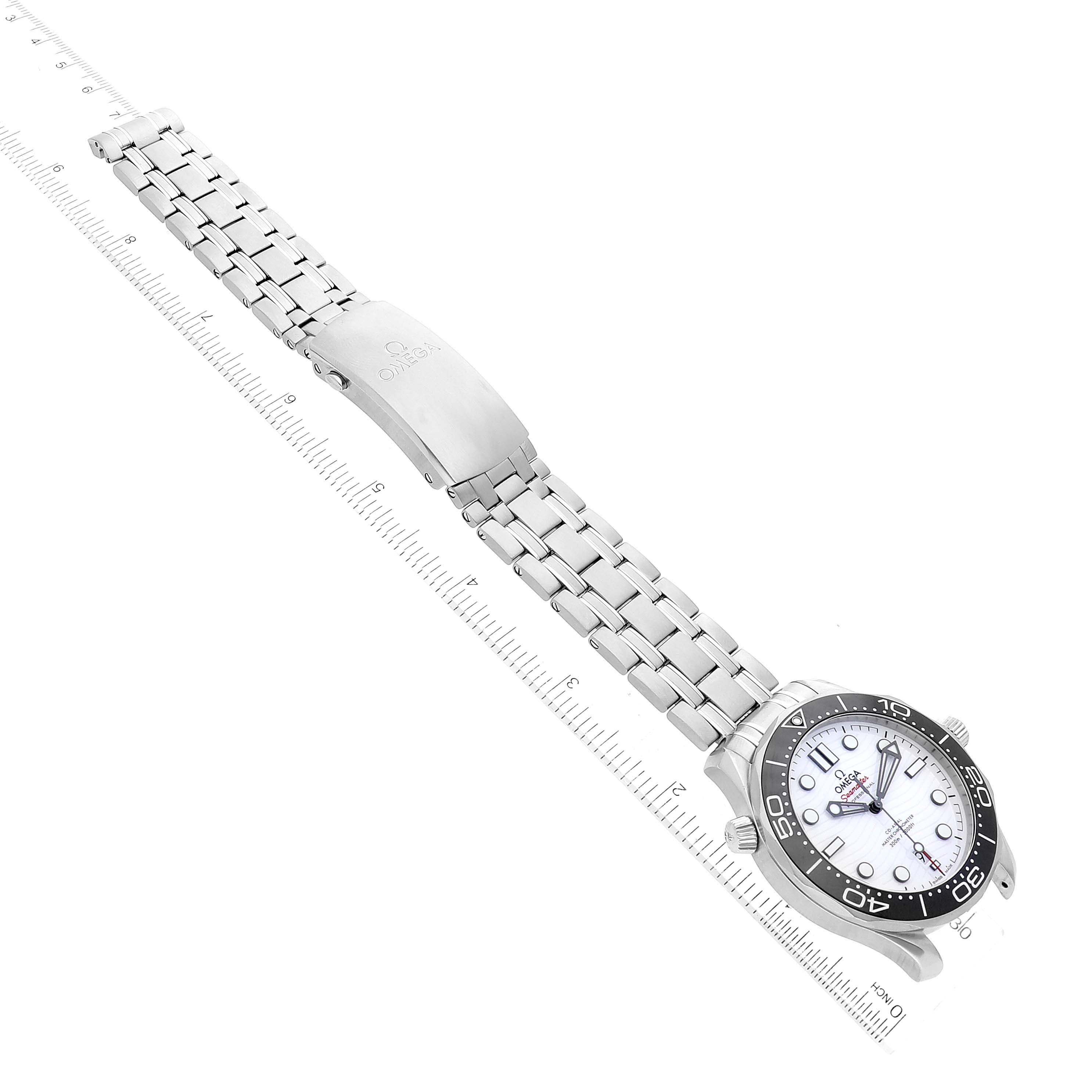 The image shows an Omega Seamaster 210.30.42.20.04.001 Men
s Stainless Steel White Dial 210.30.42.20.04.001 Men
s Stainless Steel White Dial watch with a stainless steel bracelet, clasp, and bezel, viewed at a slight angle from above.