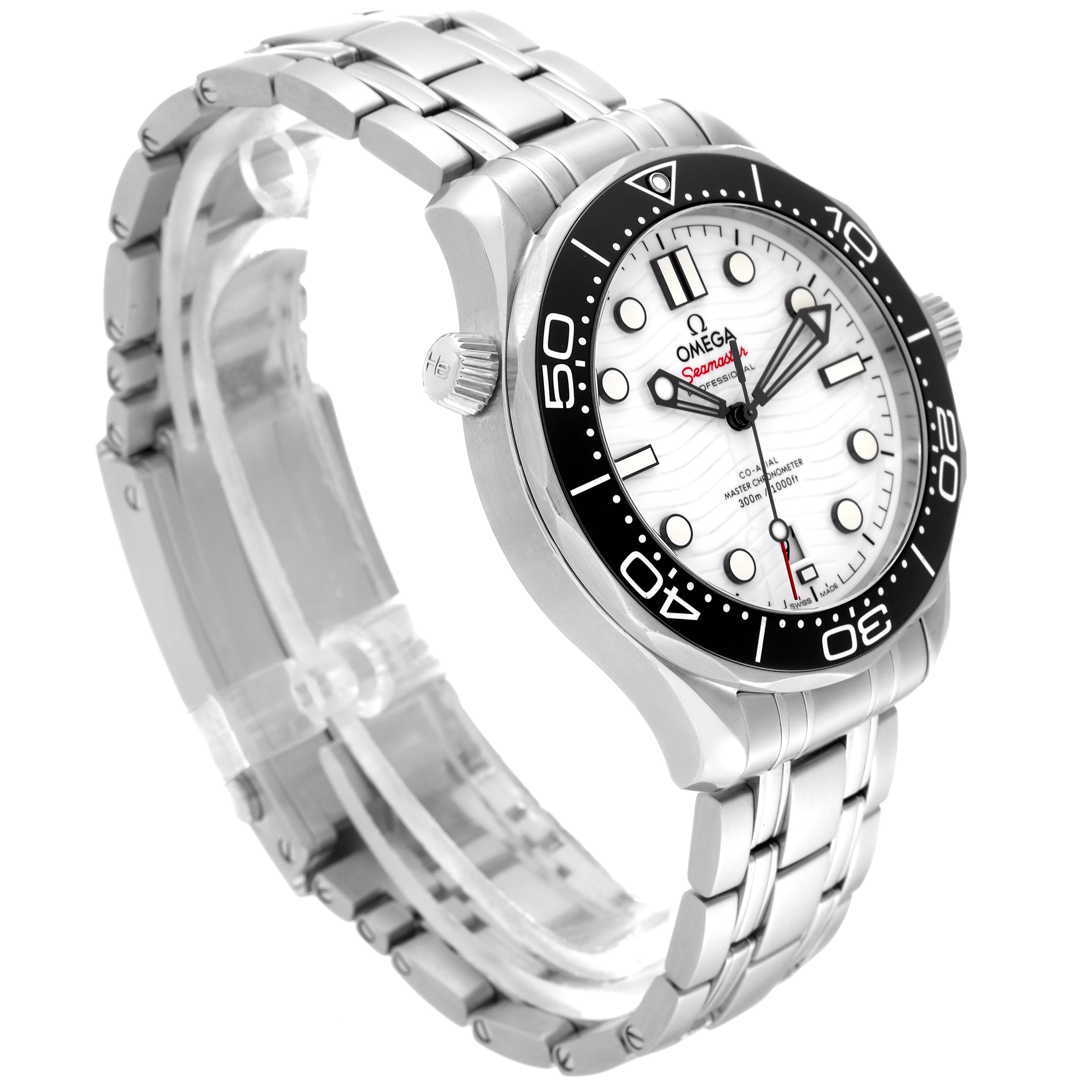 The Omega Seamaster 210.30.42.20.04.001 Men
s Stainless Steel White Dial 210.30.42.20.04.001 Men
s Stainless Steel White Dial watch is shown at an angle, highlighting the dial, bezel, crown, and stainless steel bracelet.