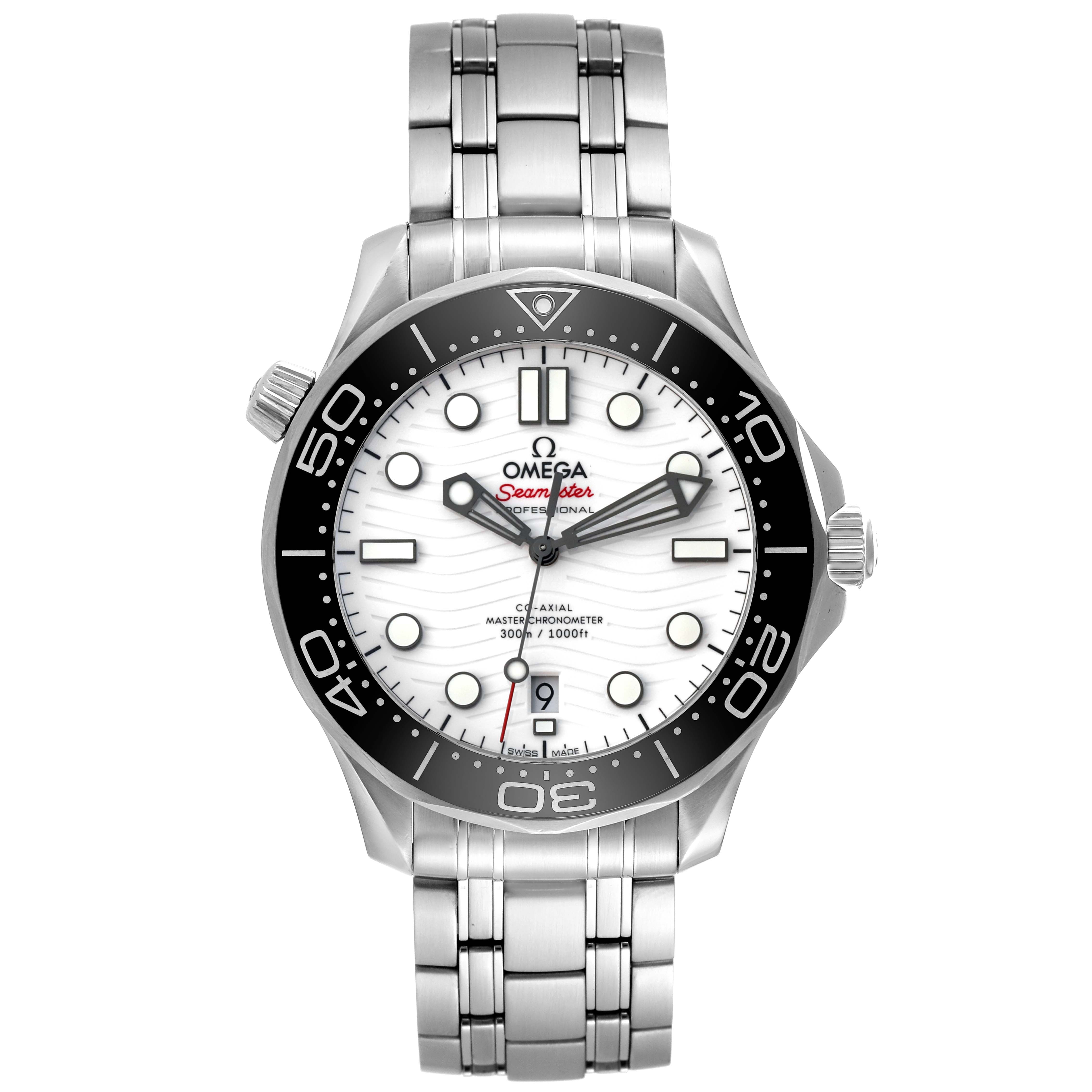 The image shows a front view of the Omega Seamaster 210.30.42.20.04.001 Men
s Stainless Steel White Dial 210.30.42.20.04.001 Men
s Stainless Steel White Dial watch displaying its bezel, dial, hands, crown, and bracelet.