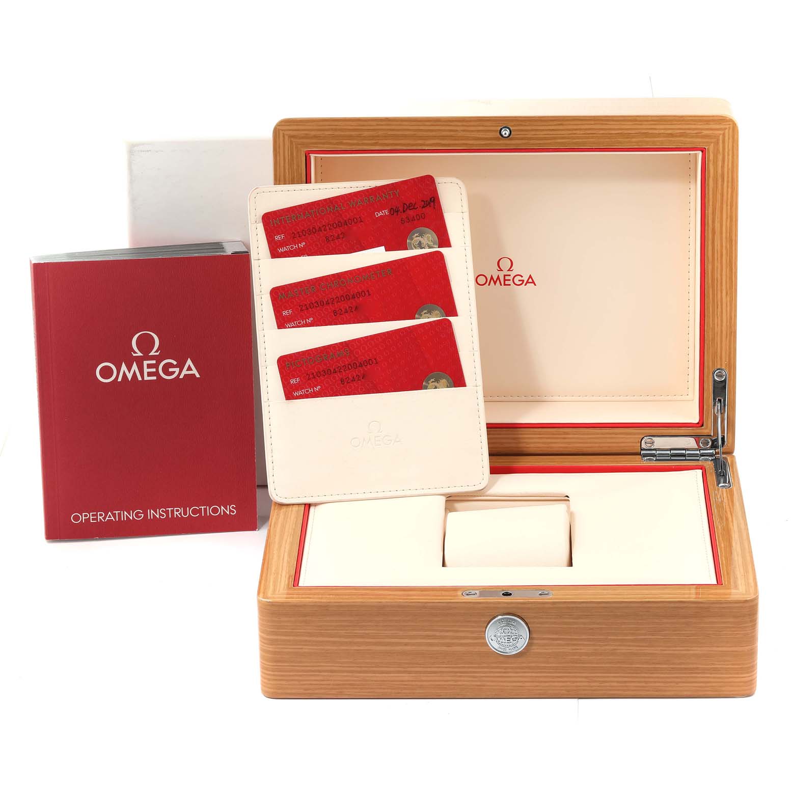 The image shows an Omega Seamaster 210.30.42.20.04.001 Men
s Stainless Steel White Dial 210.30.42.20.04.001 Men
s Stainless Steel White Dial watch box with warranty cards and an operating instructions booklet.