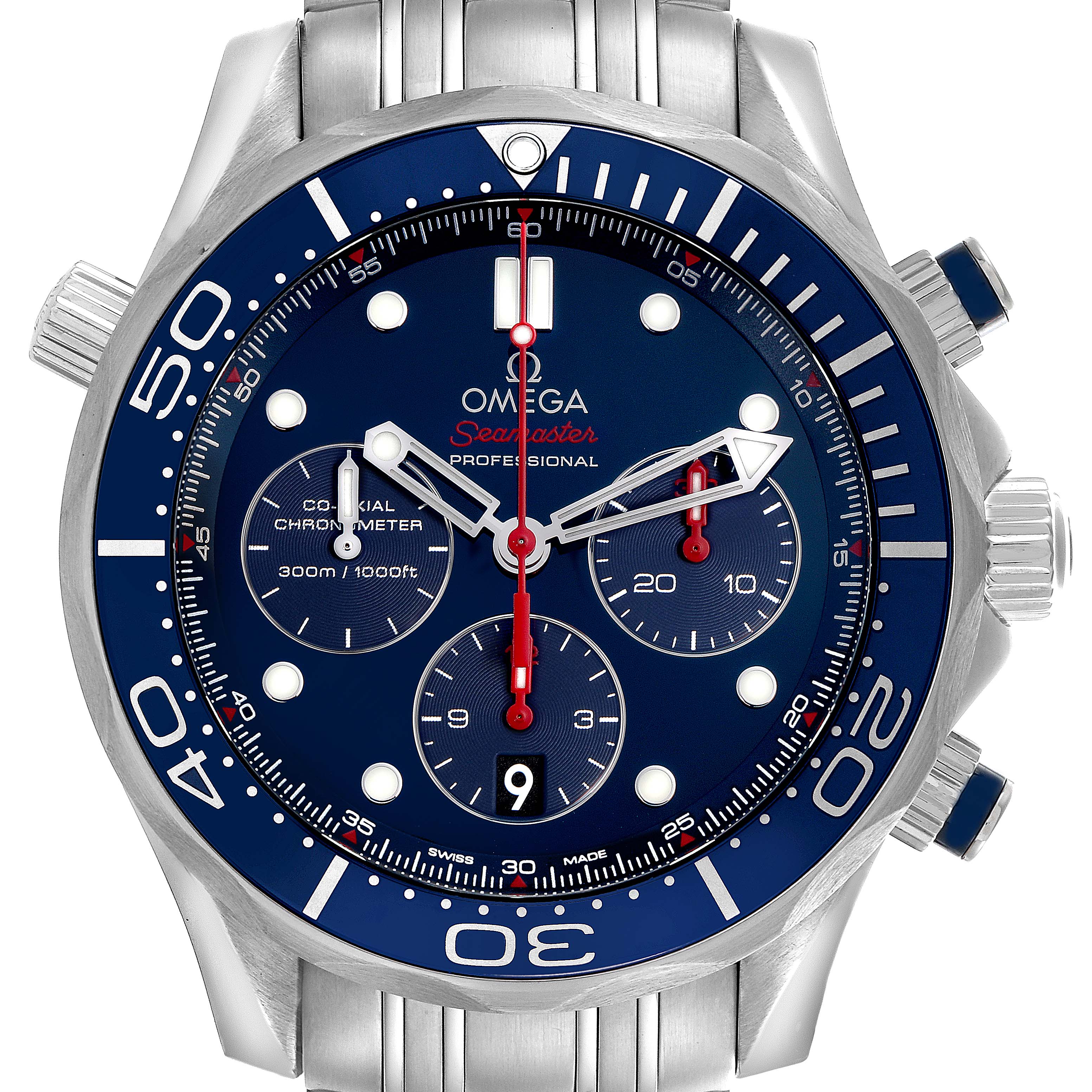 The Omega Seamaster 212.30.44.50.03.003 Men
s Stainless Steel Blue Dial 212.30.44.50.03.003 Men
s Stainless Steel Blue Dial watch is shown from the front, highlighting its blue dial, chronograph subdials, and stainless steel case.