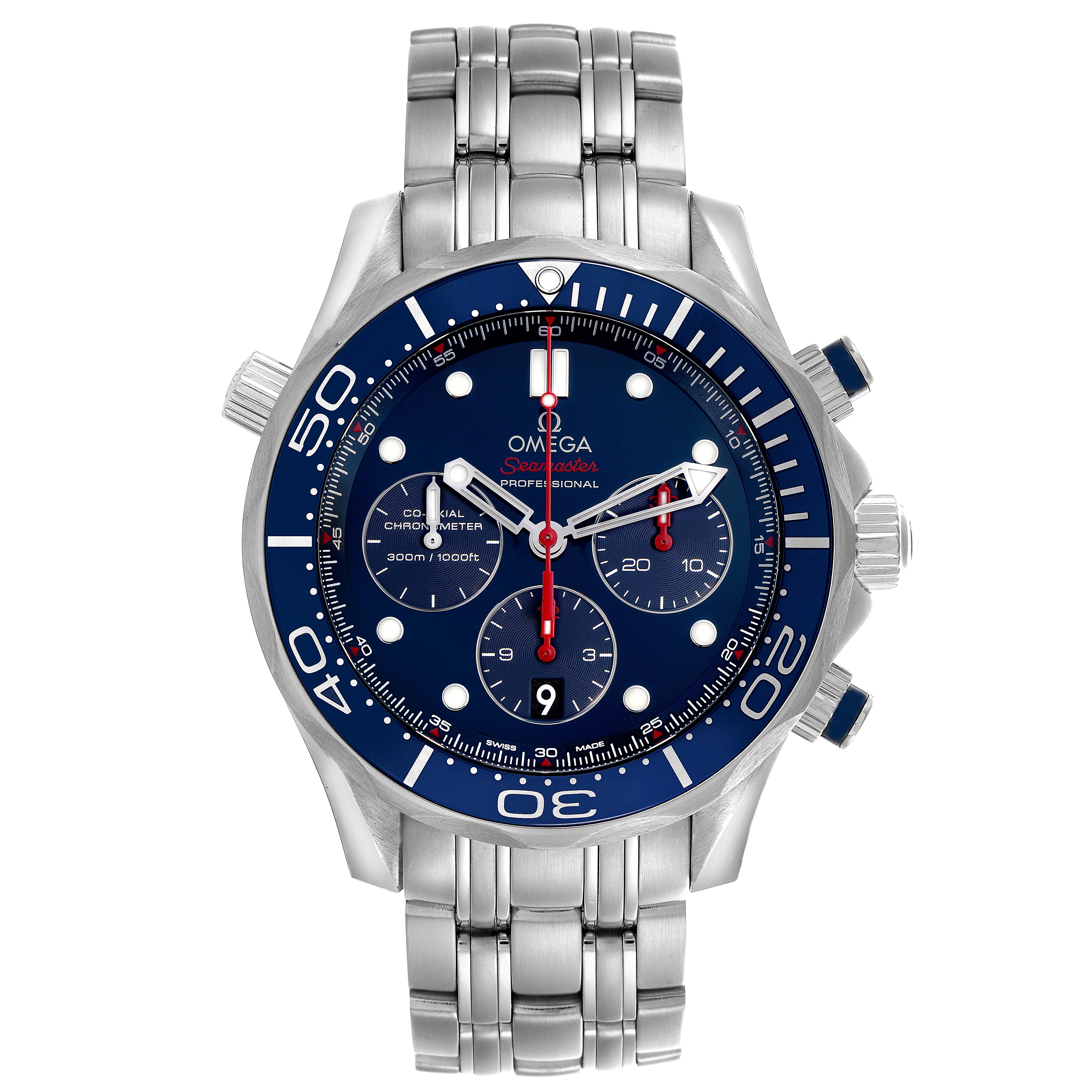 The Omega Seamaster 212.30.44.50.03.003 Men
s Stainless Steel Blue Dial 212.30.44.50.03.003 Men
s Stainless Steel Blue Dial watch is shown from a front angle, displaying the dial, bezel, and metal bracelet.