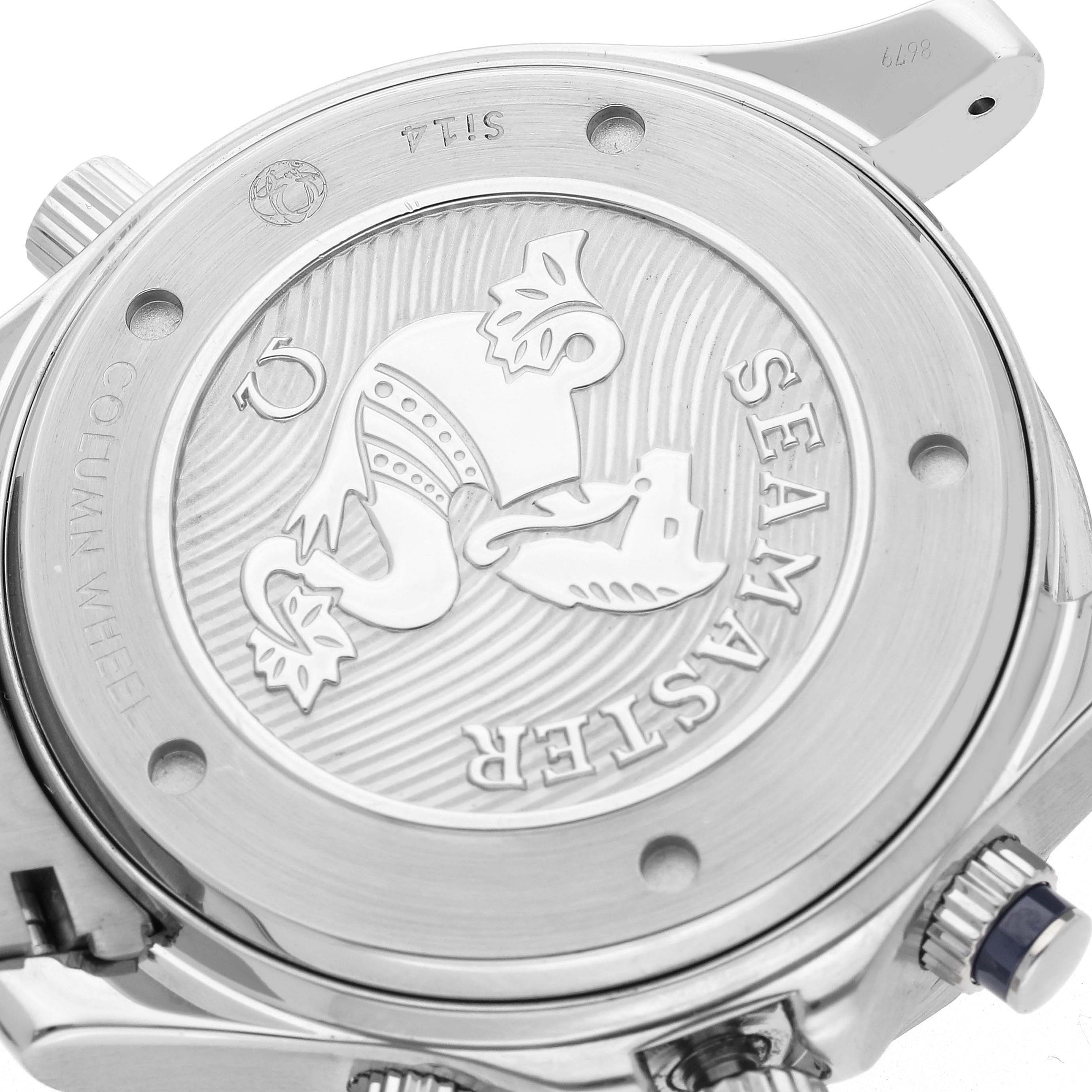 The image shows the back case angle of the Omega Seamaster 212.30.44.50.03.003 Men
s Stainless Steel Blue Dial 212.30.44.50.03.003 Men
s Stainless Steel Blue Dial, highlighting its engraved design and crown.