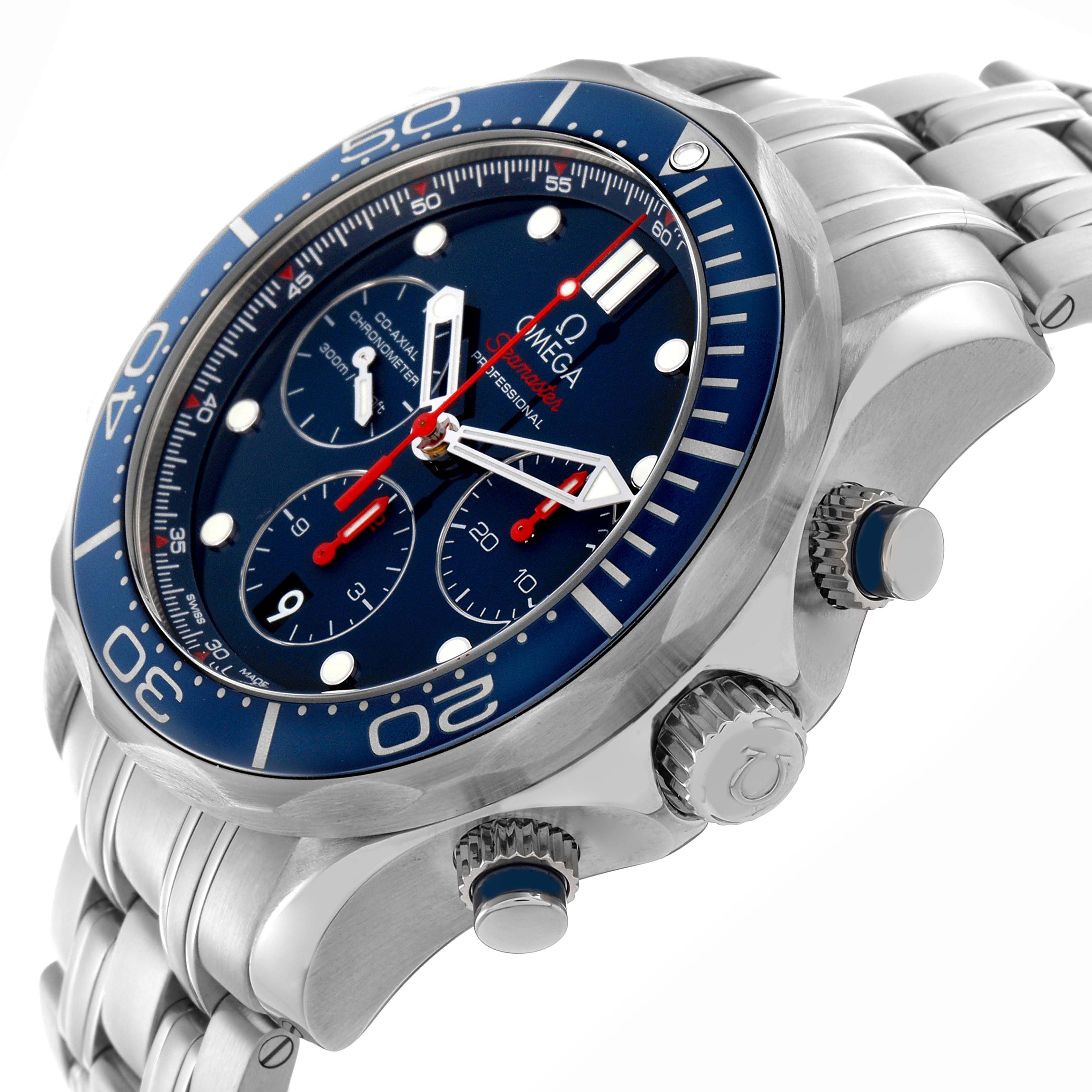 The image shows an angled view of the Omega Seamaster 212.30.44.50.03.003 Men
s Stainless Steel Blue Dial 212.30.44.50.03.003 Men
s Stainless Steel Blue Dial, highlighting the bezel, face, and pushers.