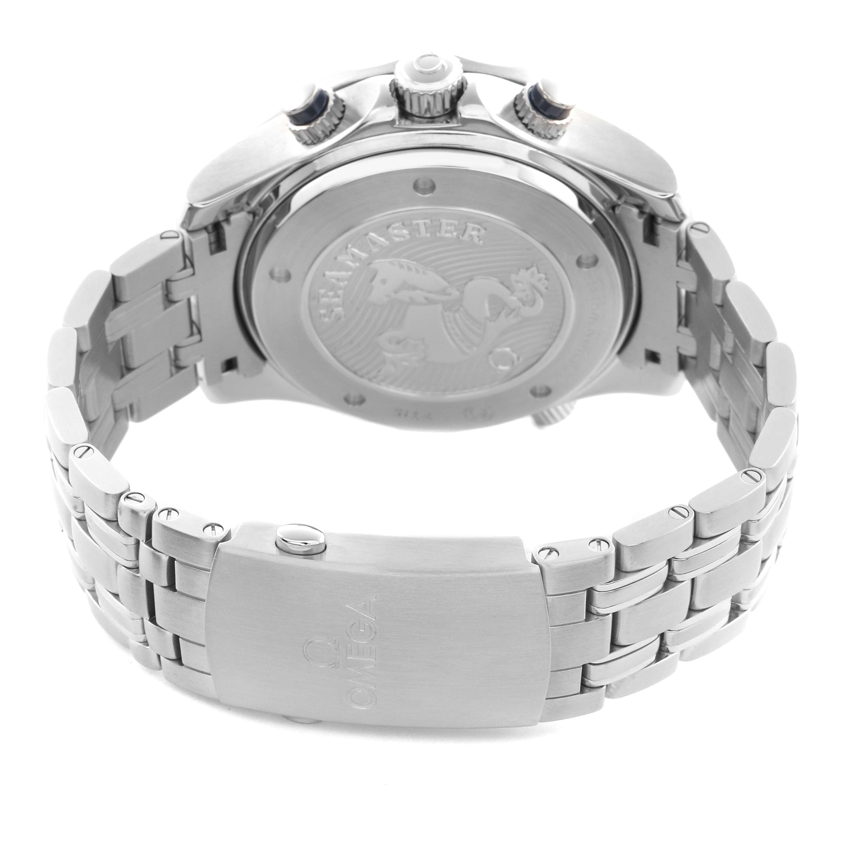 The image shows the back of an Omega Seamaster 212.30.44.50.03.003 Men
s Stainless Steel Blue Dial 212.30.44.50.03.003 Men
s Stainless Steel Blue Dial watch, focusing on the case back, crown, and bracelet clasp.
