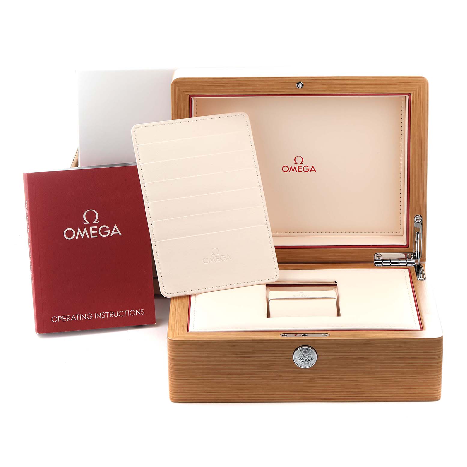 The image shows an Omega Seamaster 212.30.44.50.03.003 Men
s Stainless Steel Blue Dial 212.30.44.50.03.003 Men
s Stainless Steel Blue Dial watch box, operating instructions booklet, and a cardholder, viewed from the front.