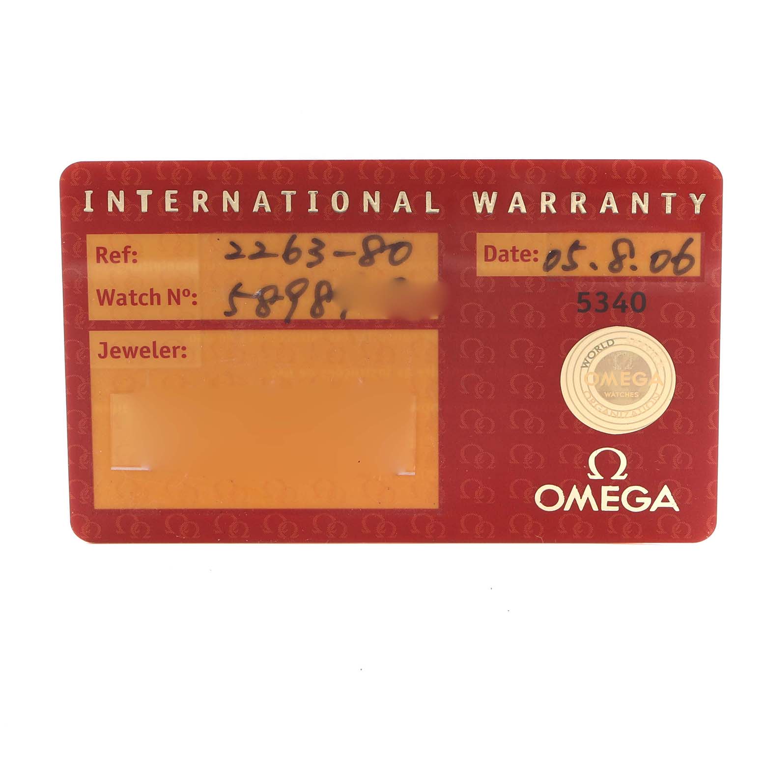 This image shows an international warranty card for the Omega Seamaster 2263.80.00 Men
s Stainless Steel Blue Dial 2263.80.00 Men
s Stainless Steel Blue Dial, displaying reference and watch numbers.