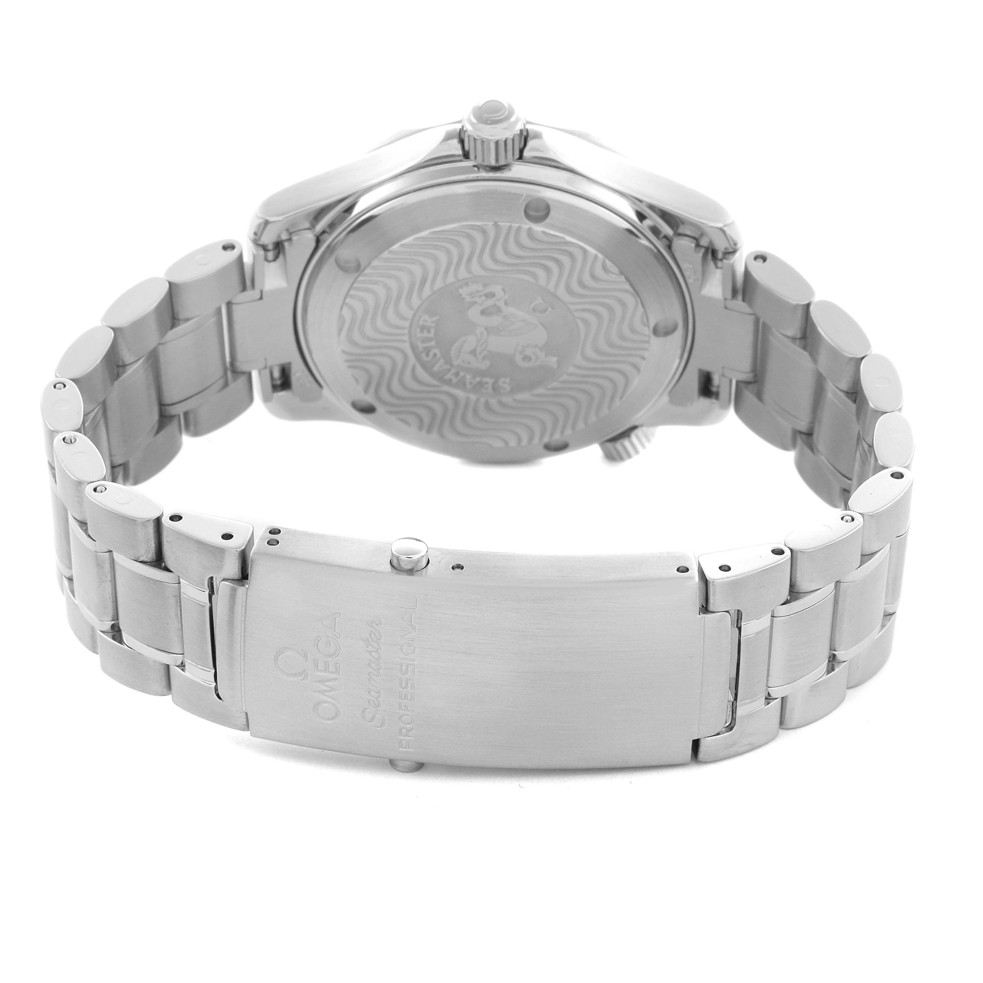 The Omega Seamaster 2263.80.00 Men
s Stainless Steel Blue Dial 2263.80.00 Men
s Stainless Steel Blue Dial watch is shown from the back, displaying the case back, crown, and bracelet with clasp.