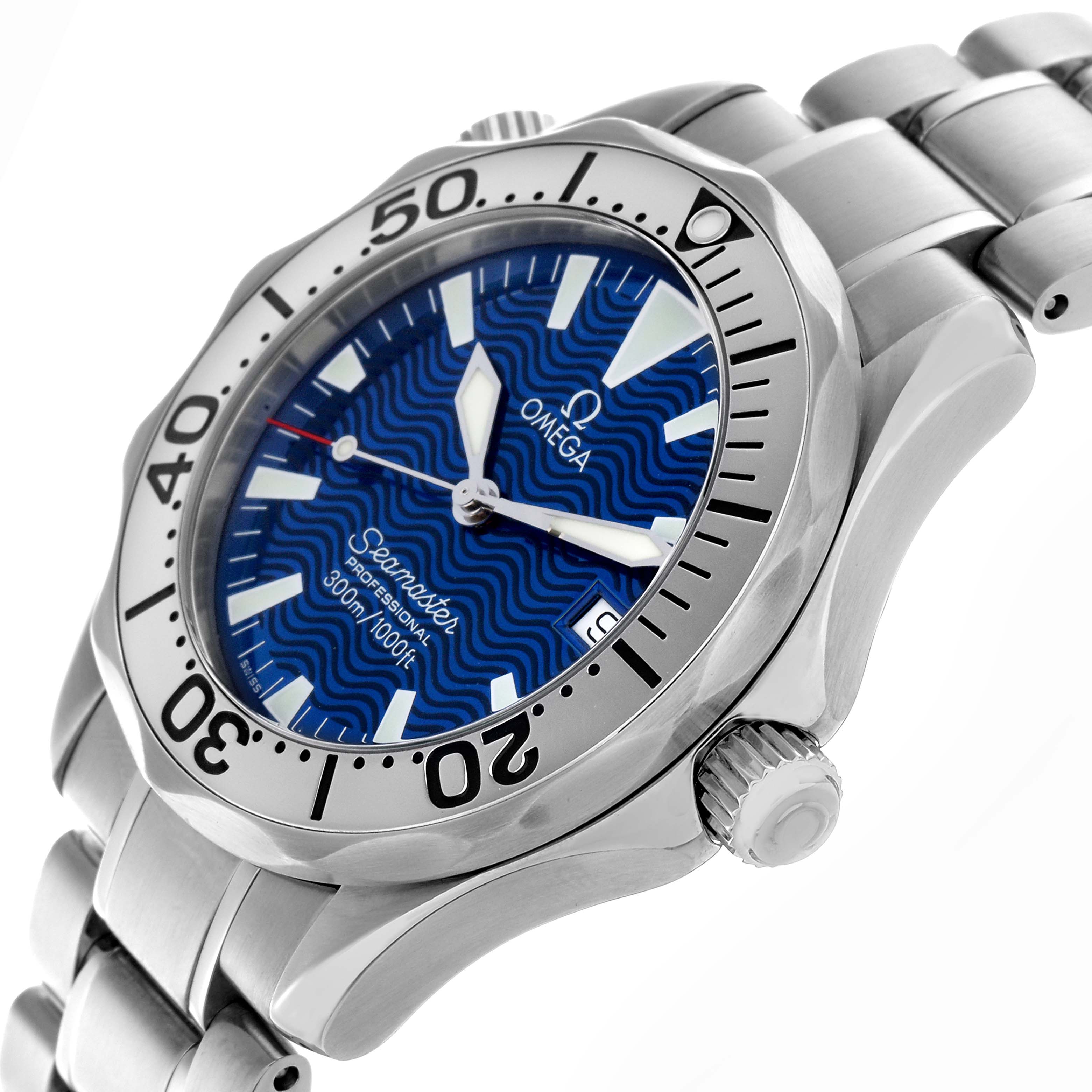 The Omega Seamaster 2263.80.00 Men
s Stainless Steel Blue Dial 2263.80.00 Men
s Stainless Steel Blue Dial watch is shown at a slight angle, highlighting the bezel, dial, crown, and bracelet.