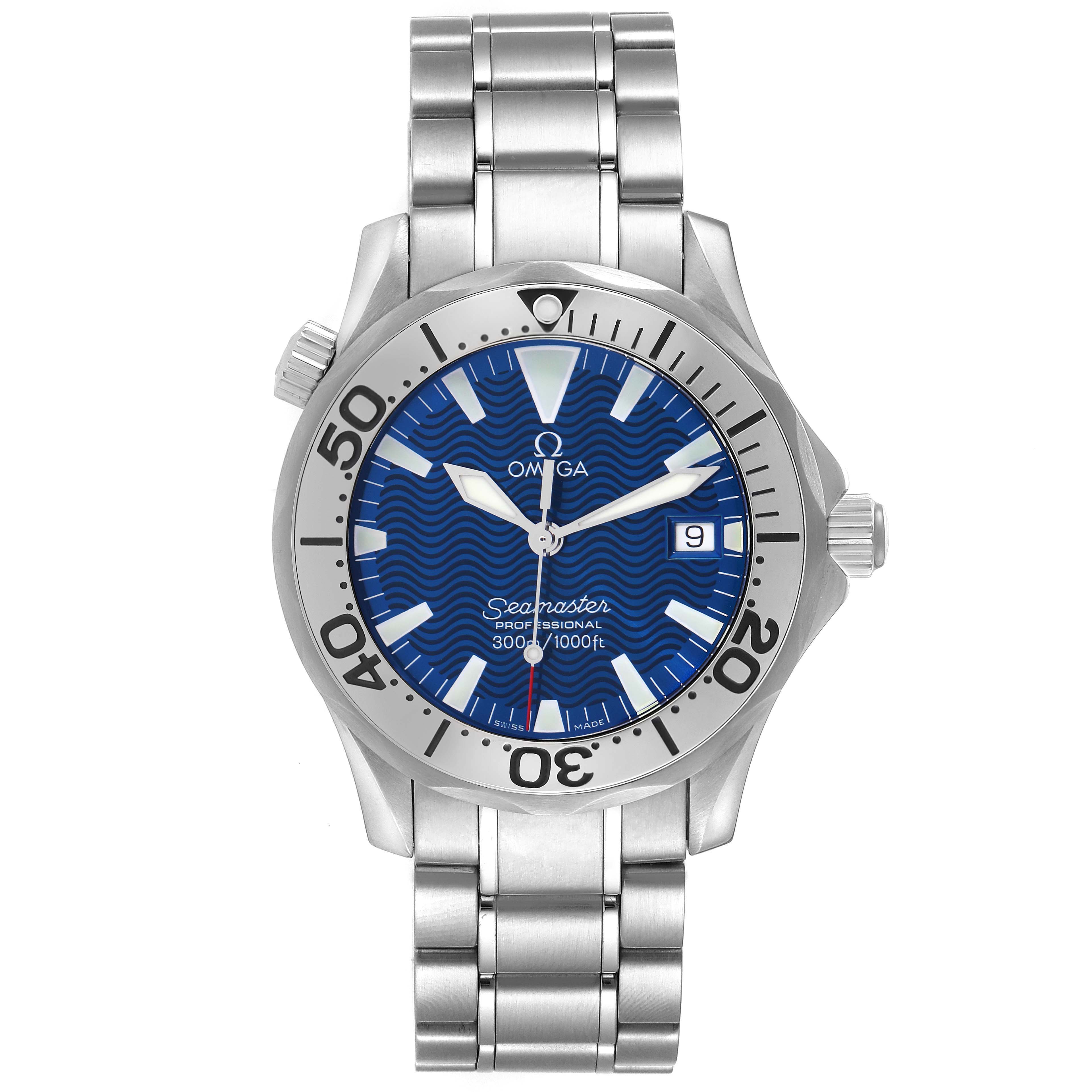 The Omega Seamaster 2263.80.00 Men
s Stainless Steel Blue Dial 2263.80.00 Men
s Stainless Steel Blue Dial watch is shown from the front, displaying the dial, bezel, and bracelet clearly.