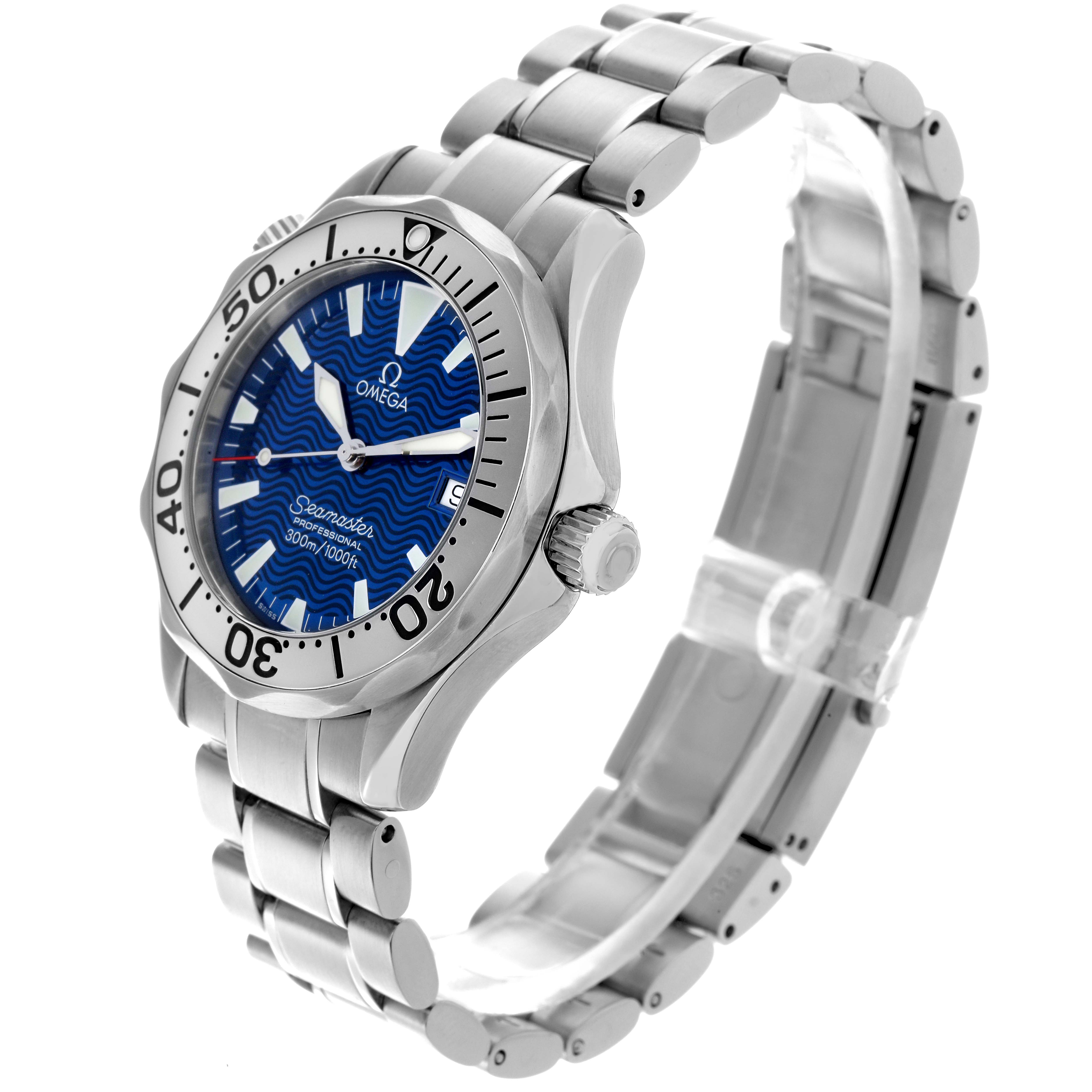 The Omega Seamaster 2263.80.00 Men
s Stainless Steel Blue Dial 2263.80.00 Men
s Stainless Steel Blue Dial watch is shown at a three-quarter angle, highlighting the bezel, dial, crown, and bracelet.