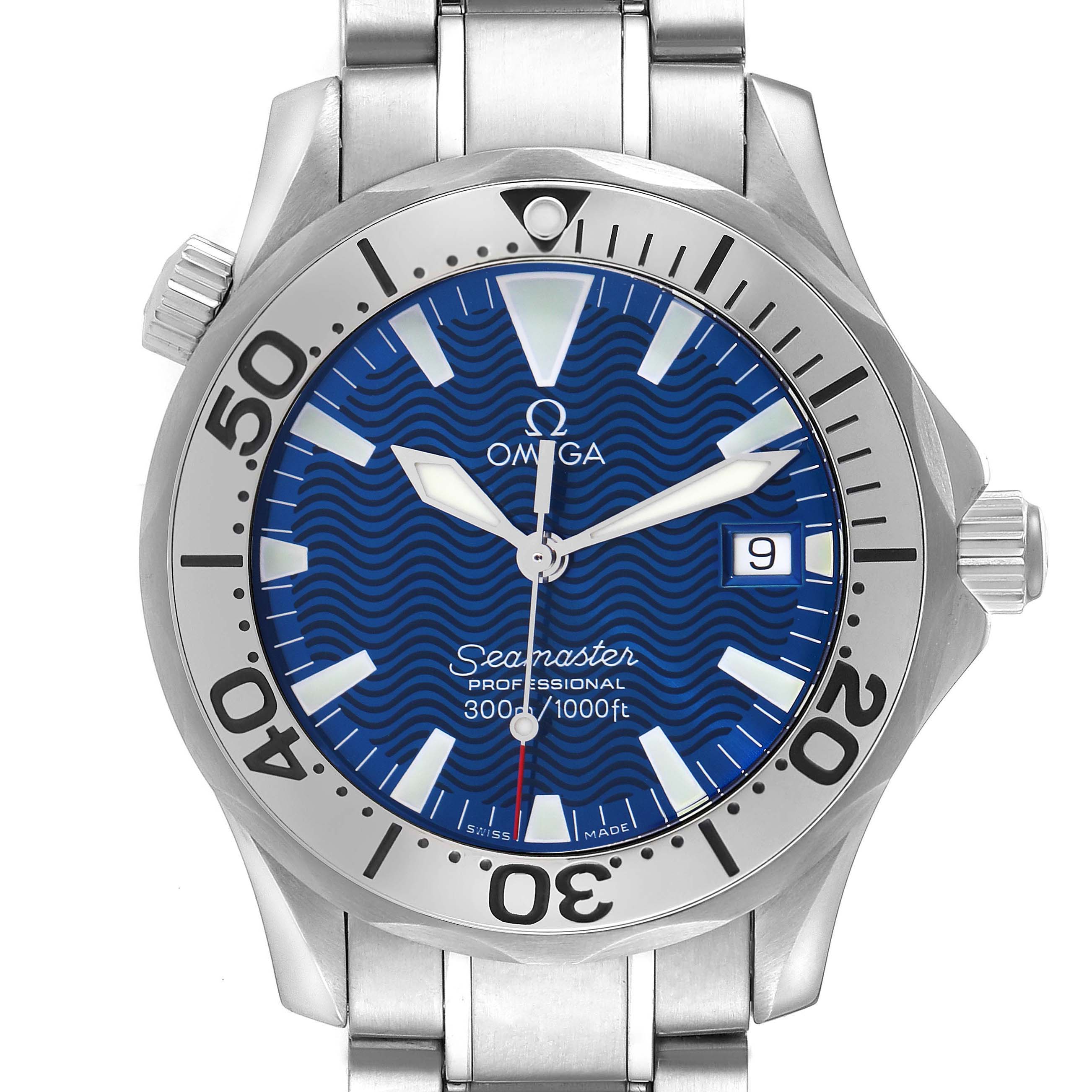 The Omega Seamaster 2263.80.00 Men
s Stainless Steel Blue Dial 2263.80.00 Men
s Stainless Steel Blue Dial watch is shown from the front, displaying its blue dial, bezel, hands, date window, and part of the bracelet.
