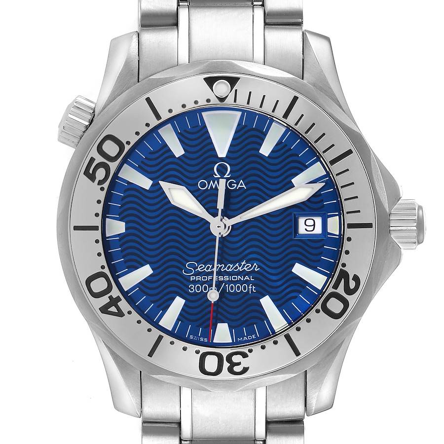 The Omega Seamaster watch is shown from the front, displaying its blue dial, bezel, hands, date window, and part of the bracelet.