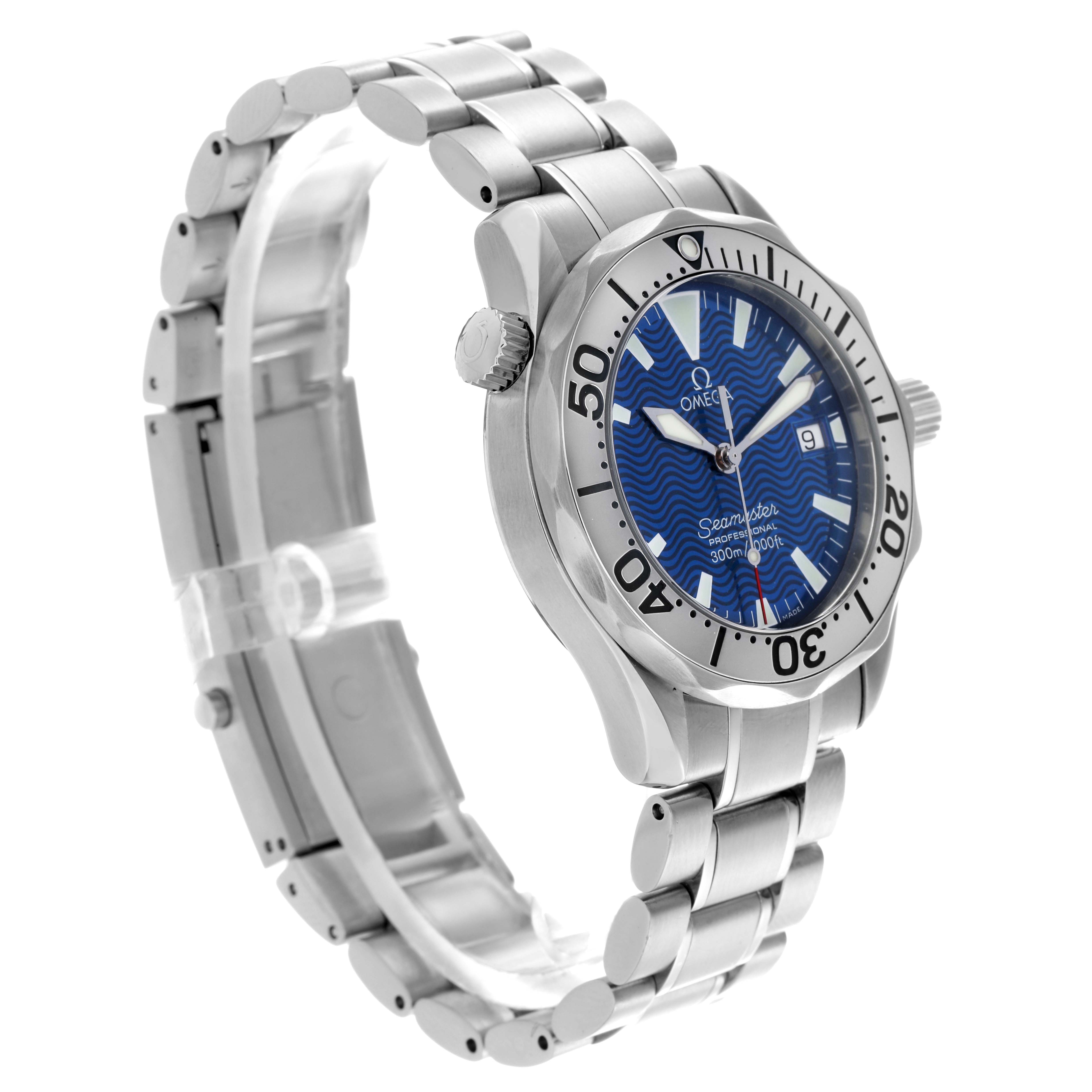 The Omega Seamaster 2263.80.00 Men
s Stainless Steel Blue Dial 2263.80.00 Men
s Stainless Steel Blue Dial watch is shown at a three-quarter angle, displaying the bezel, dial, and stainless steel bracelet.