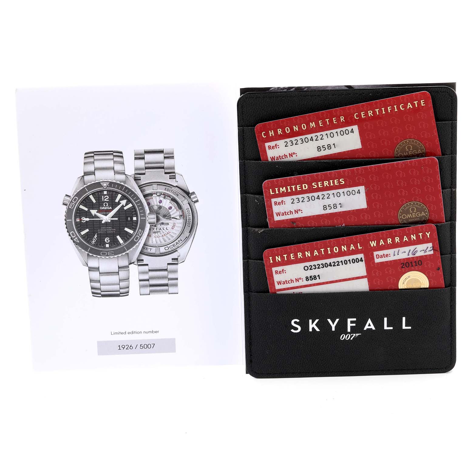 The image shows an Omega Planet Ocean 232.30.42.21.01.004 Men
s Stainless Steel Black Dial 232.30.42.21.01.004 Men
s Stainless Steel Black Dial model along with its chronometer certificate, limited series card, and international warranty.