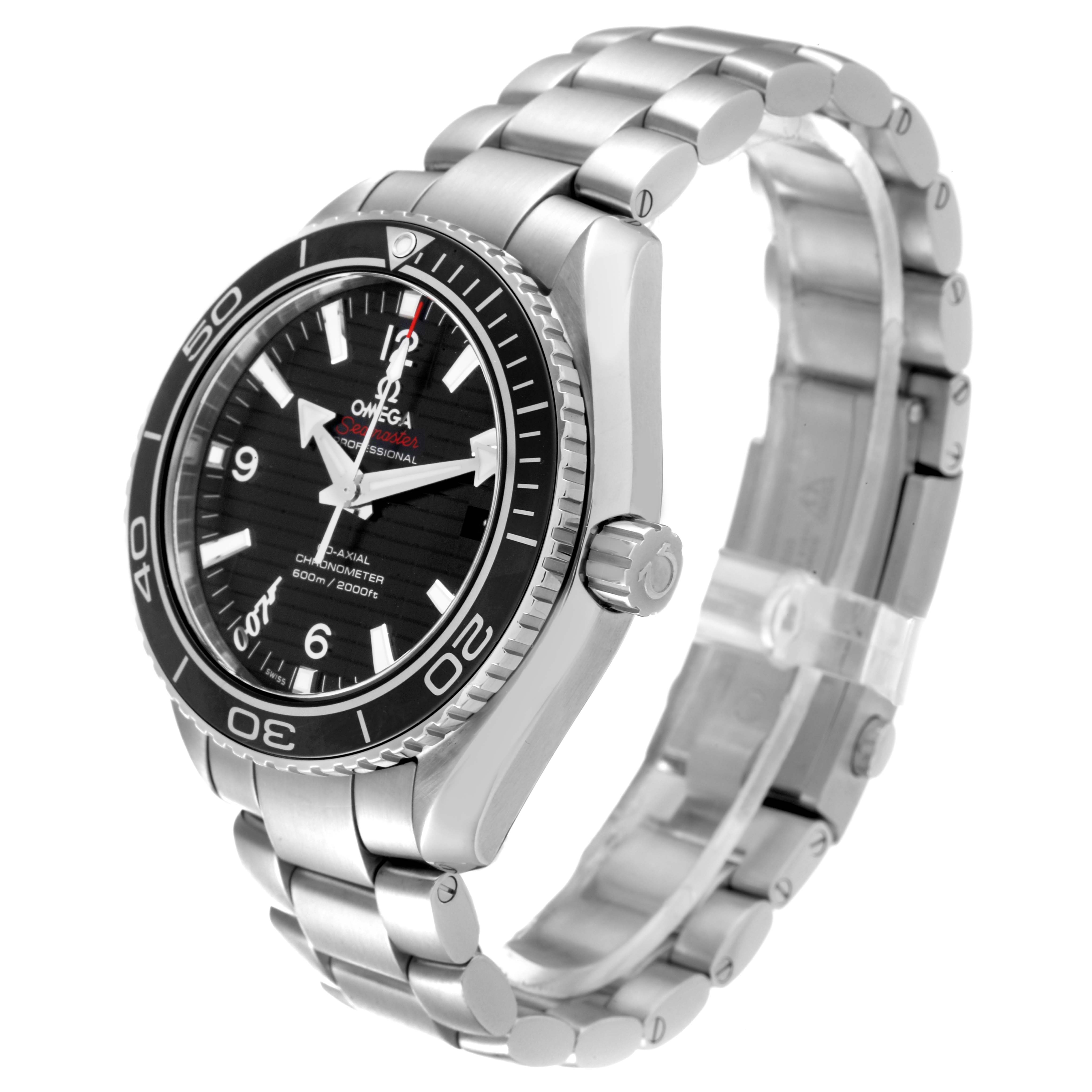 The image shows an Omega Planet Ocean 232.30.42.21.01.004 Men
s Stainless Steel Black Dial 232.30.42.21.01.004 Men
s Stainless Steel Black Dial watch from a front-side angle, displaying its bezel, dial, crown, and bracelet.