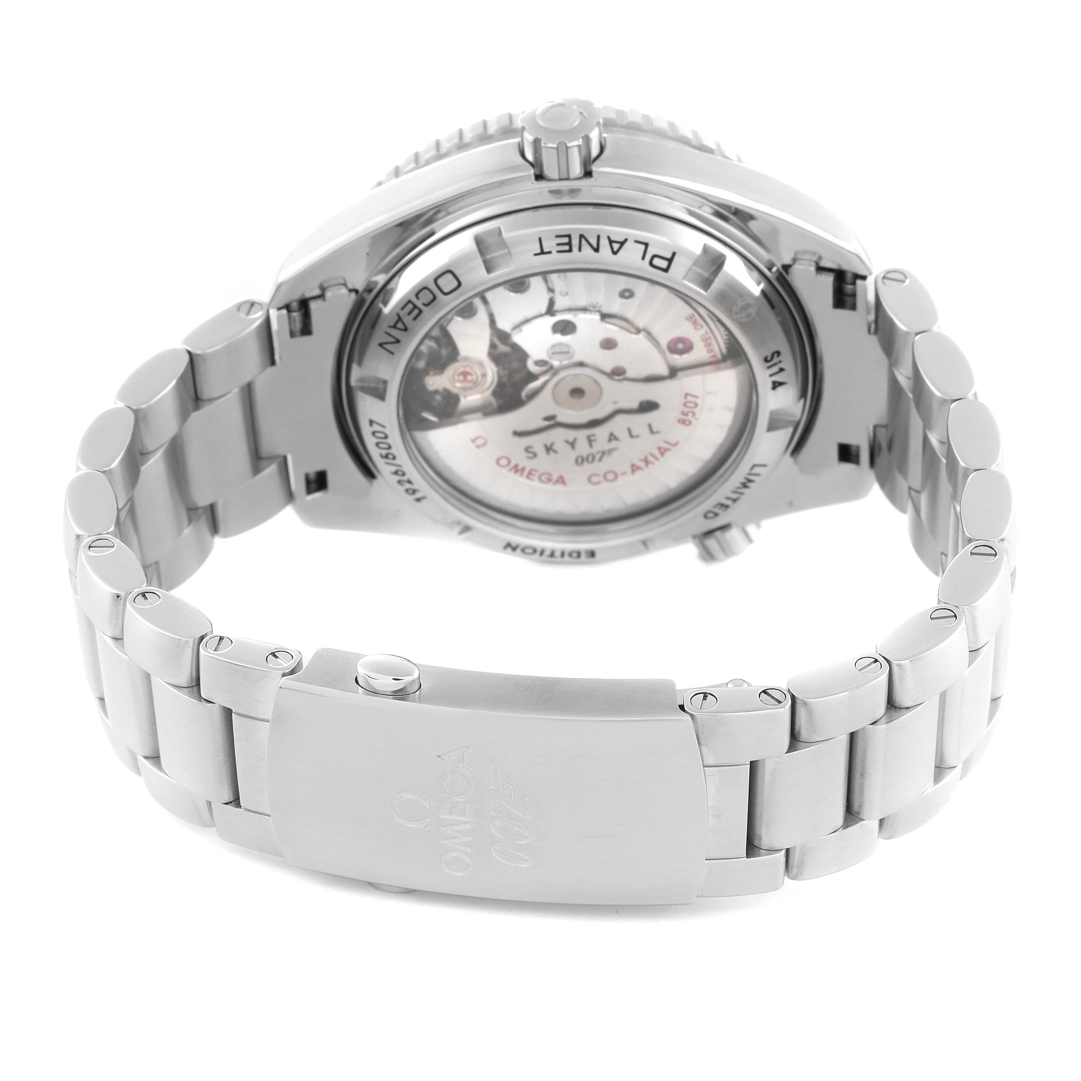 The image shows the back view and bracelet of the Omega Planet Ocean 232.30.42.21.01.004 Men
s Stainless Steel Black Dial 232.30.42.21.01.004 Men
s Stainless Steel Black Dial watch, highlighting the caseback and clasp.