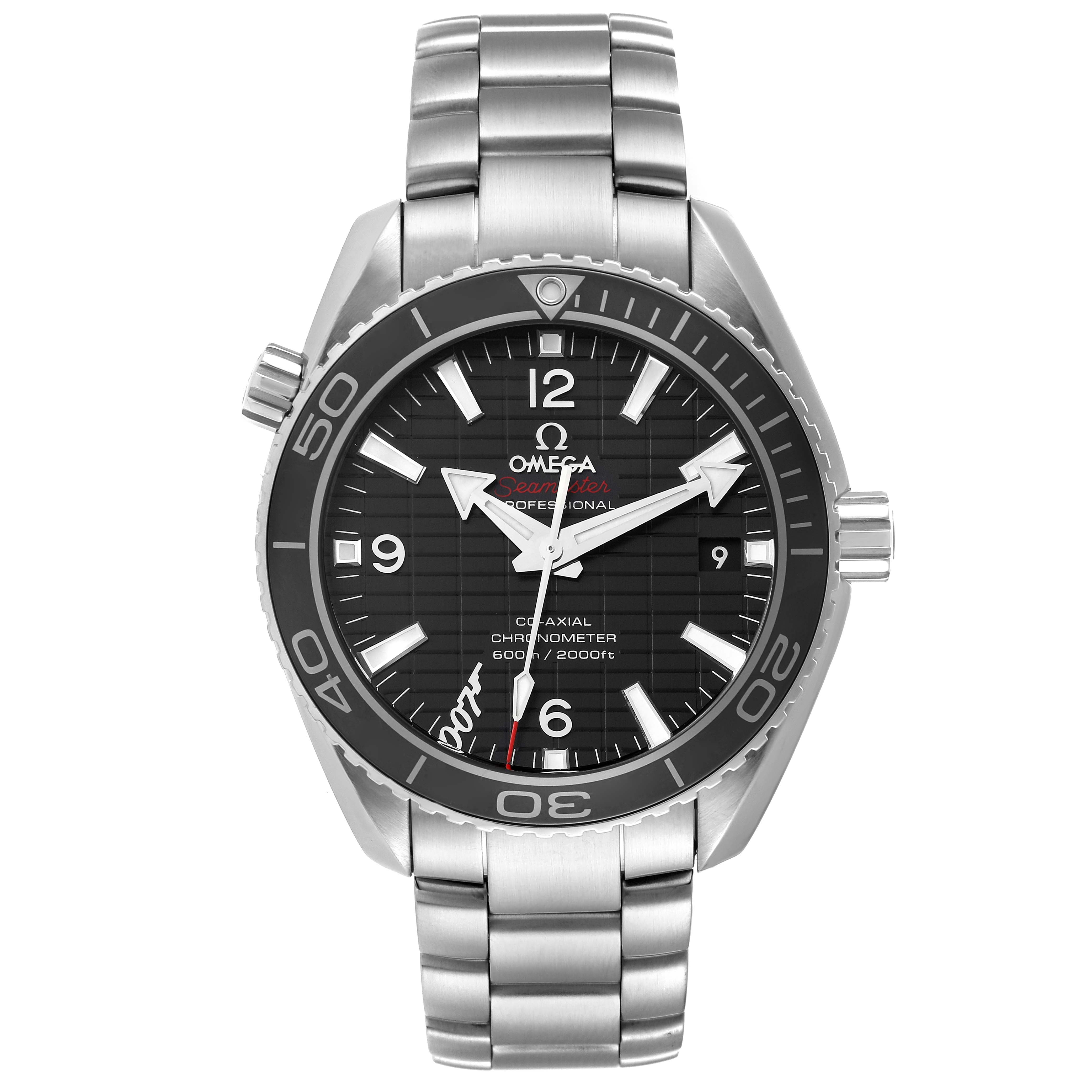The image shows a front view of the Omega Planet Ocean 232.30.42.21.01.004 Men
s Stainless Steel Black Dial 232.30.42.21.01.004 Men
s Stainless Steel Black Dial model watch, displaying the dial, bezel, crown, and bracelet.