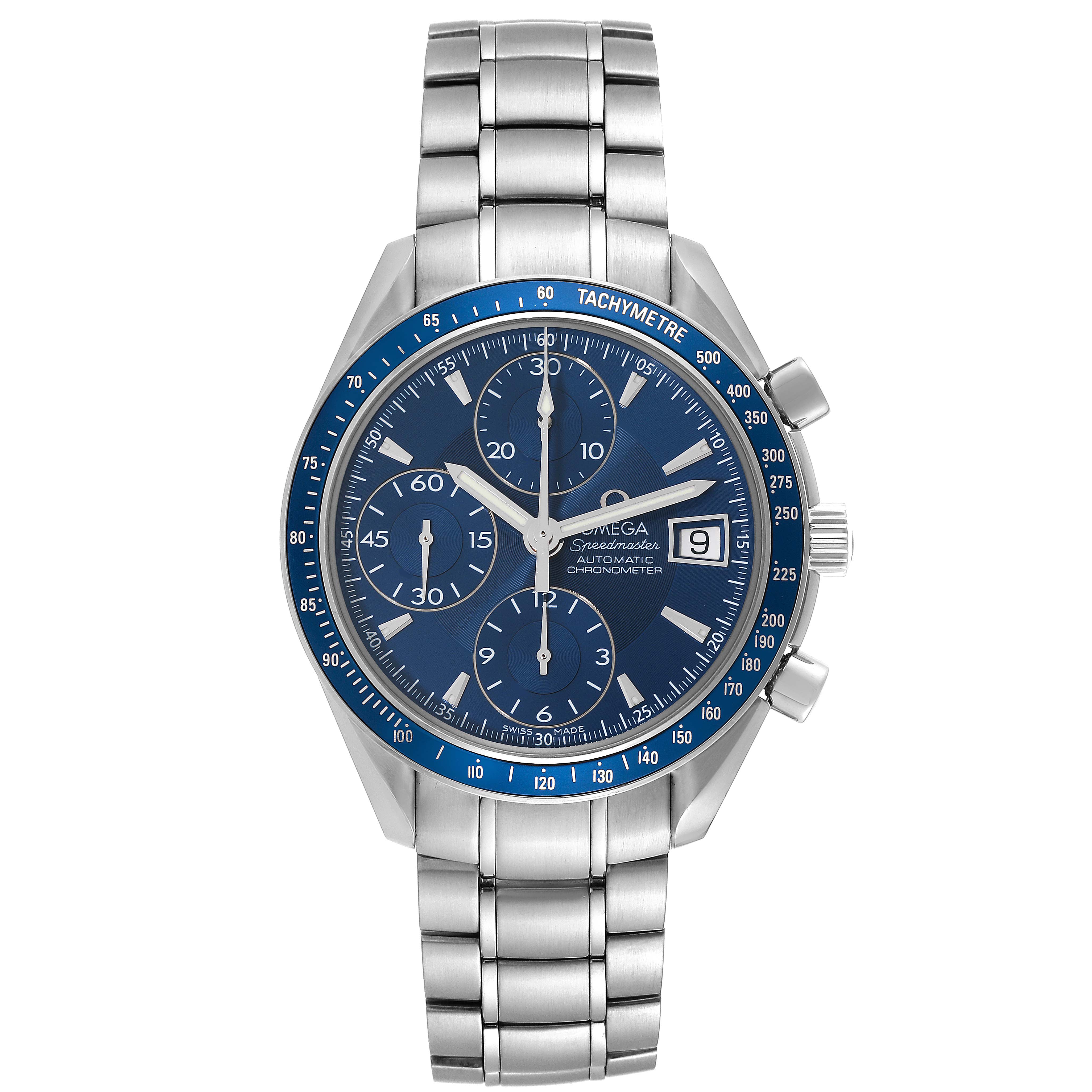 The image shows a frontal view of an Omega Speedmaster 3212.80.00 Men
s Stainless Steel Blue Dial 3212.80.00 Men
s Stainless Steel Blue Dial watch, featuring a blue dial with a tachymeter, three subdials, and a metal bracelet.